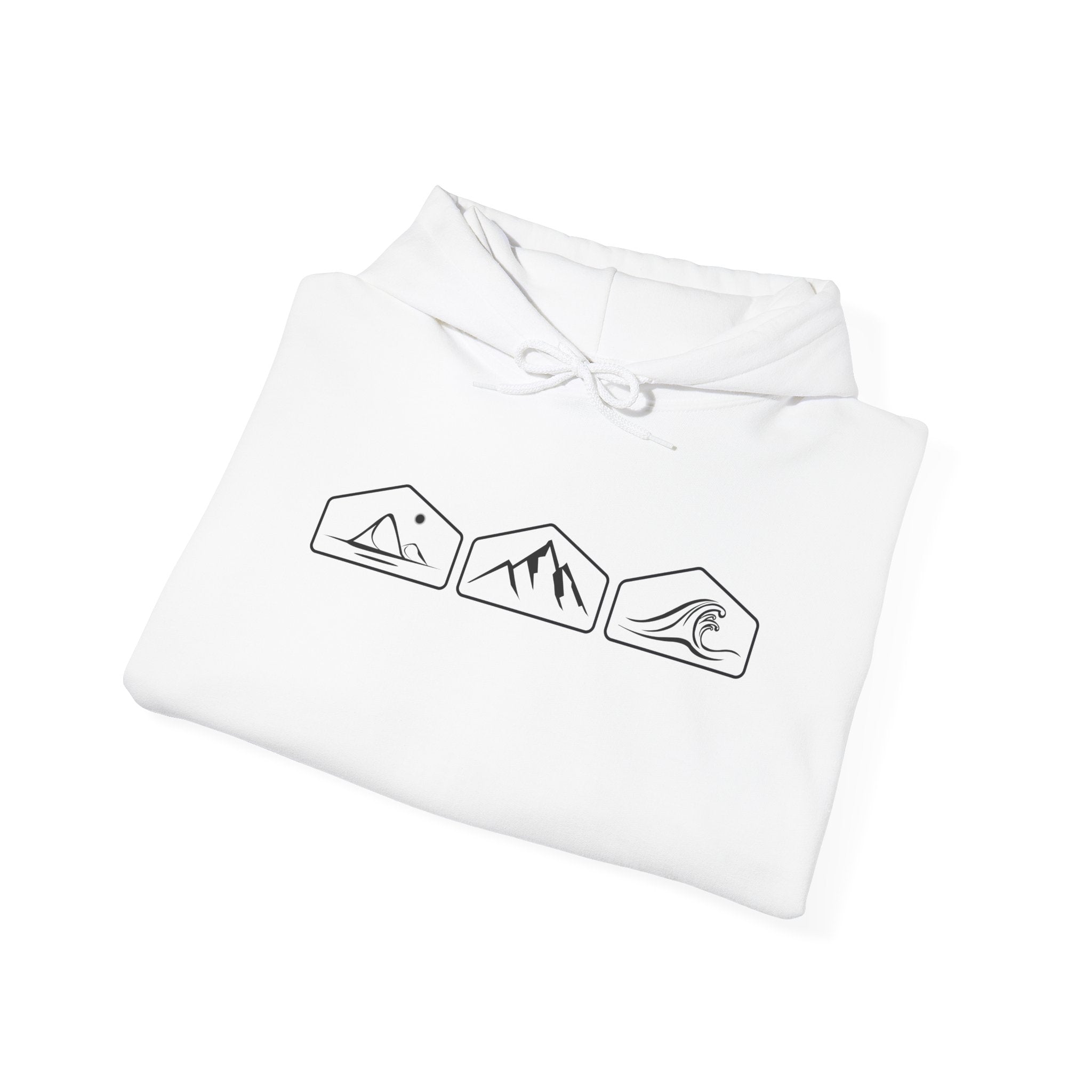 A folded white hooded shirt with mountain, desert and wave design on a white background.