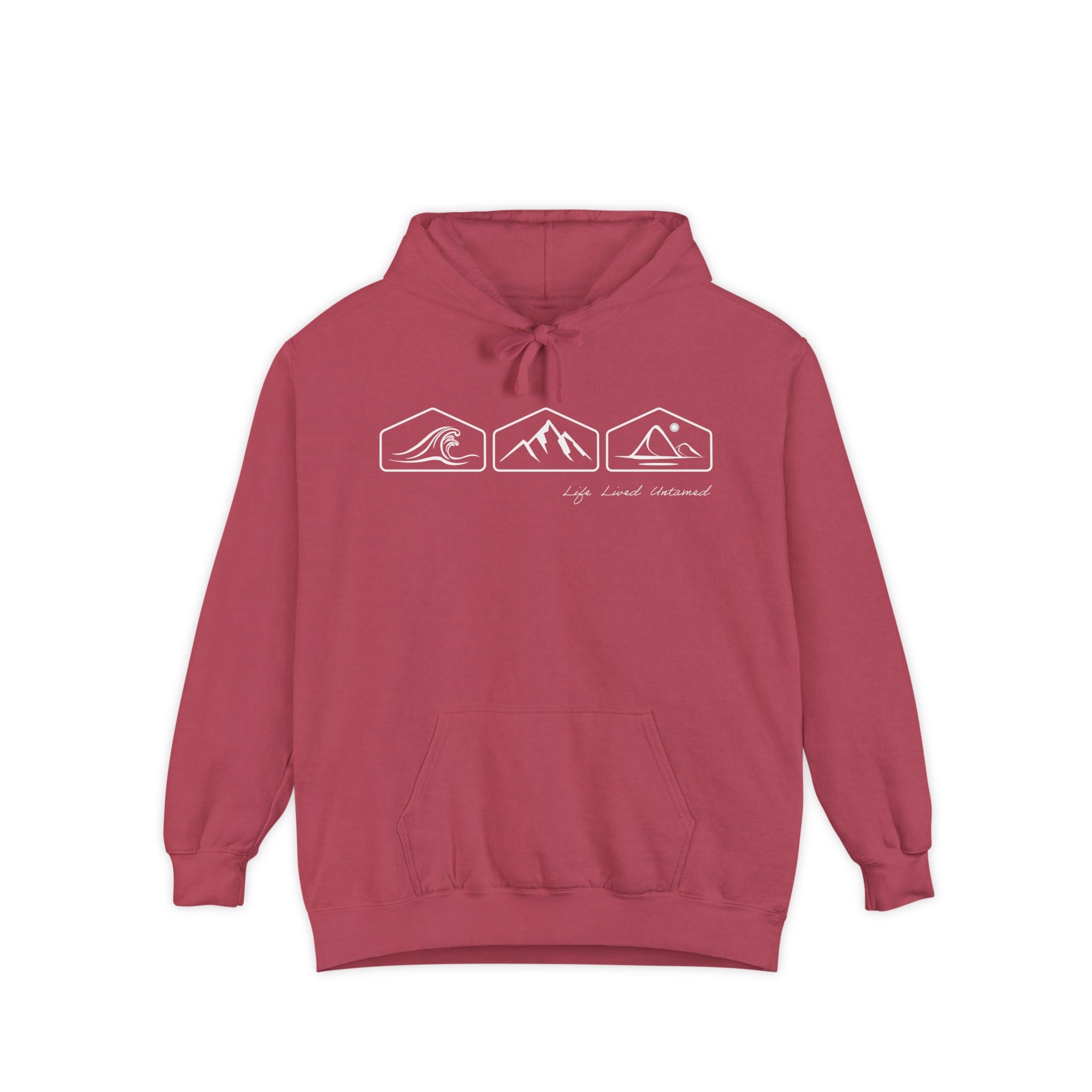 Crimson hoodie with ocean, mountain, and desert designs on a white background