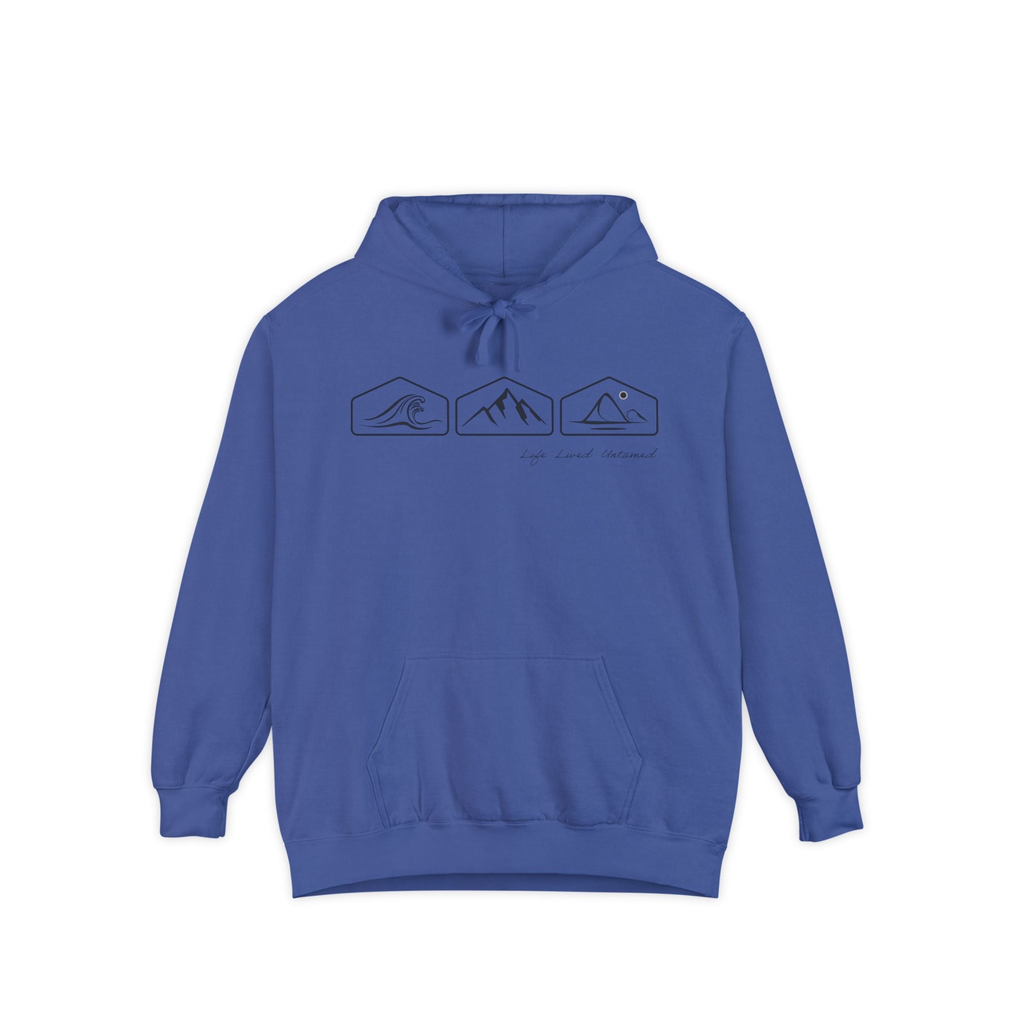 Flo Blue hoodie with ocean, mountain, and desert designs on a white background