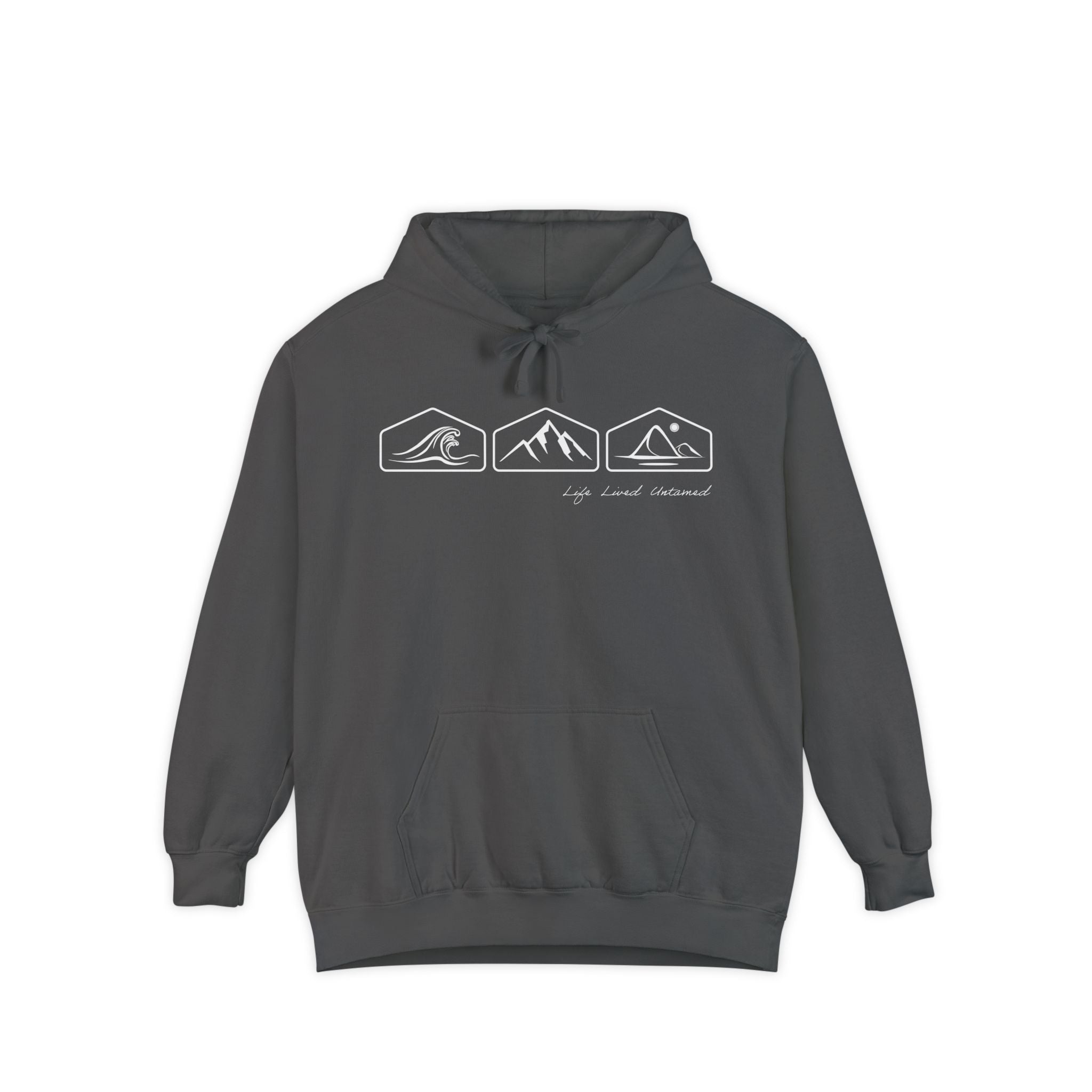 Pepper gray hoodie with ocean, mountain, and desert designs on a white background