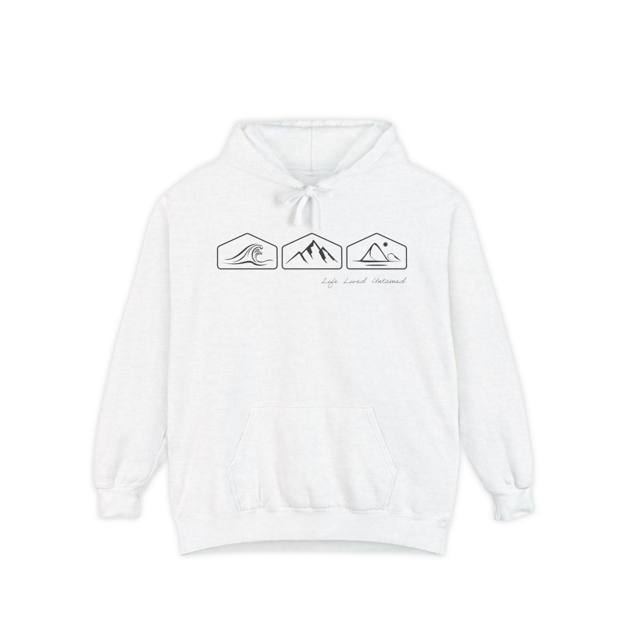 White hoodie with ocean, mountain, and desert designs on a white background