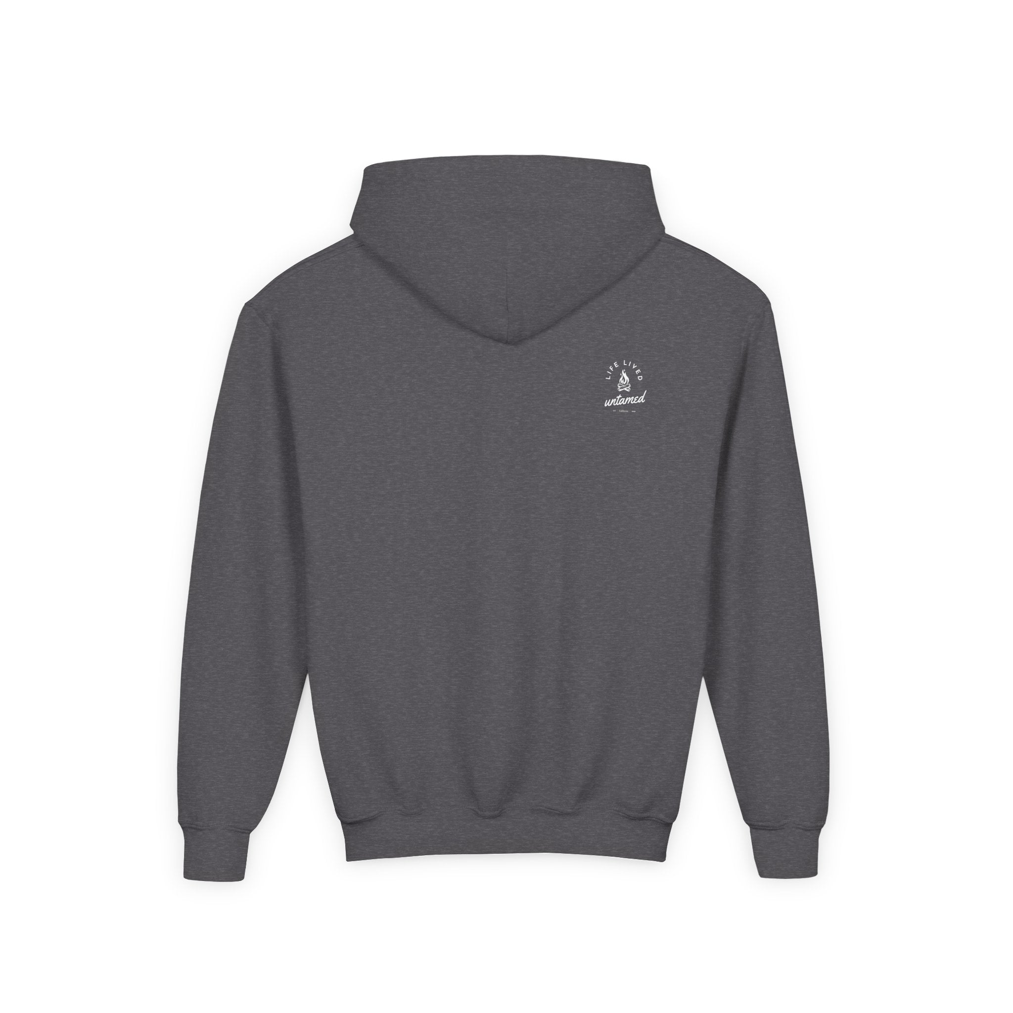 Dark Heather Gray hoodie with a LLU logo on the back against a white background