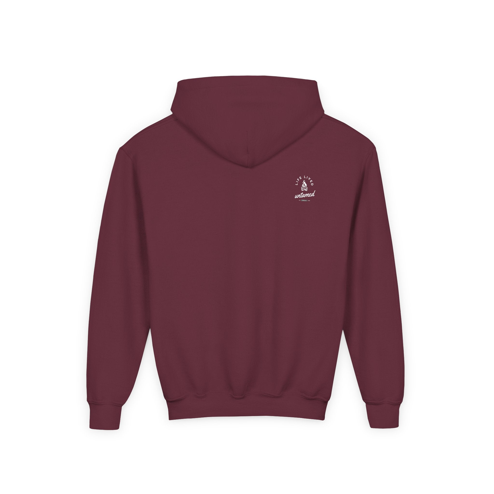 Maroon hoodie with a small LLU logo on the back against a white background