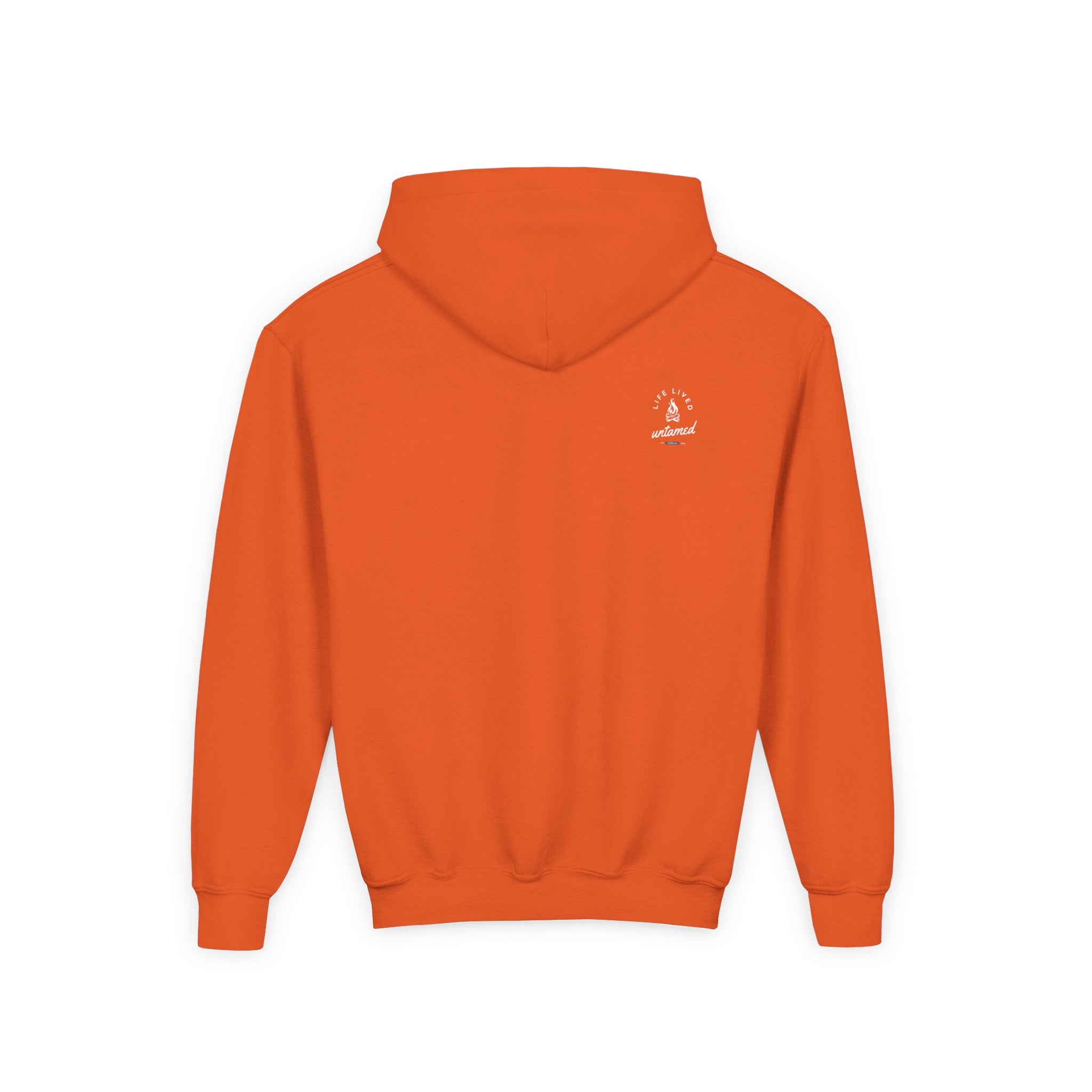 Orange hoodie hoodie with a small 'Life Lived Untamed' logo on the back against a white background