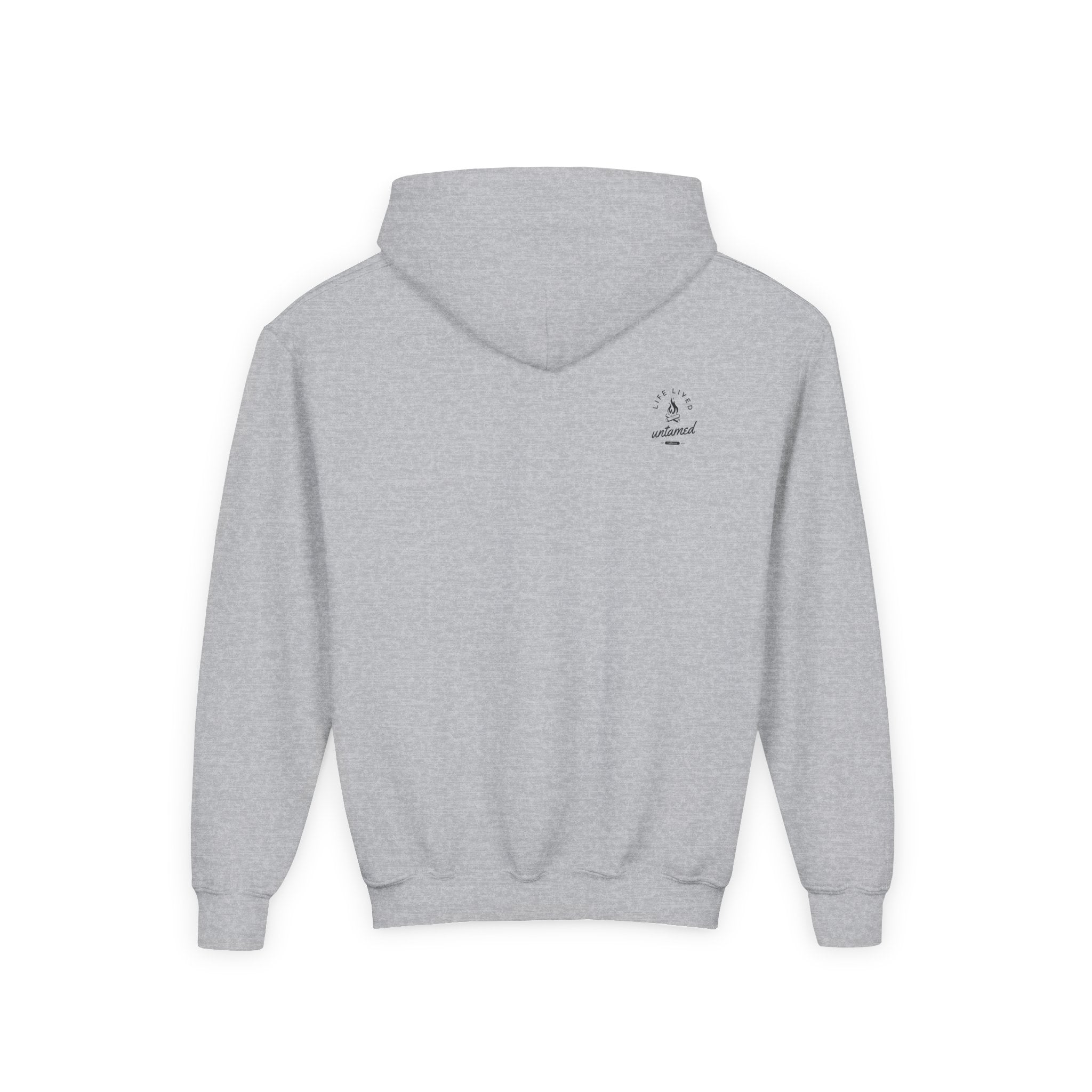Sport Gray hoodie with a small 'Life Lived Untamed' logo on the back against a white background