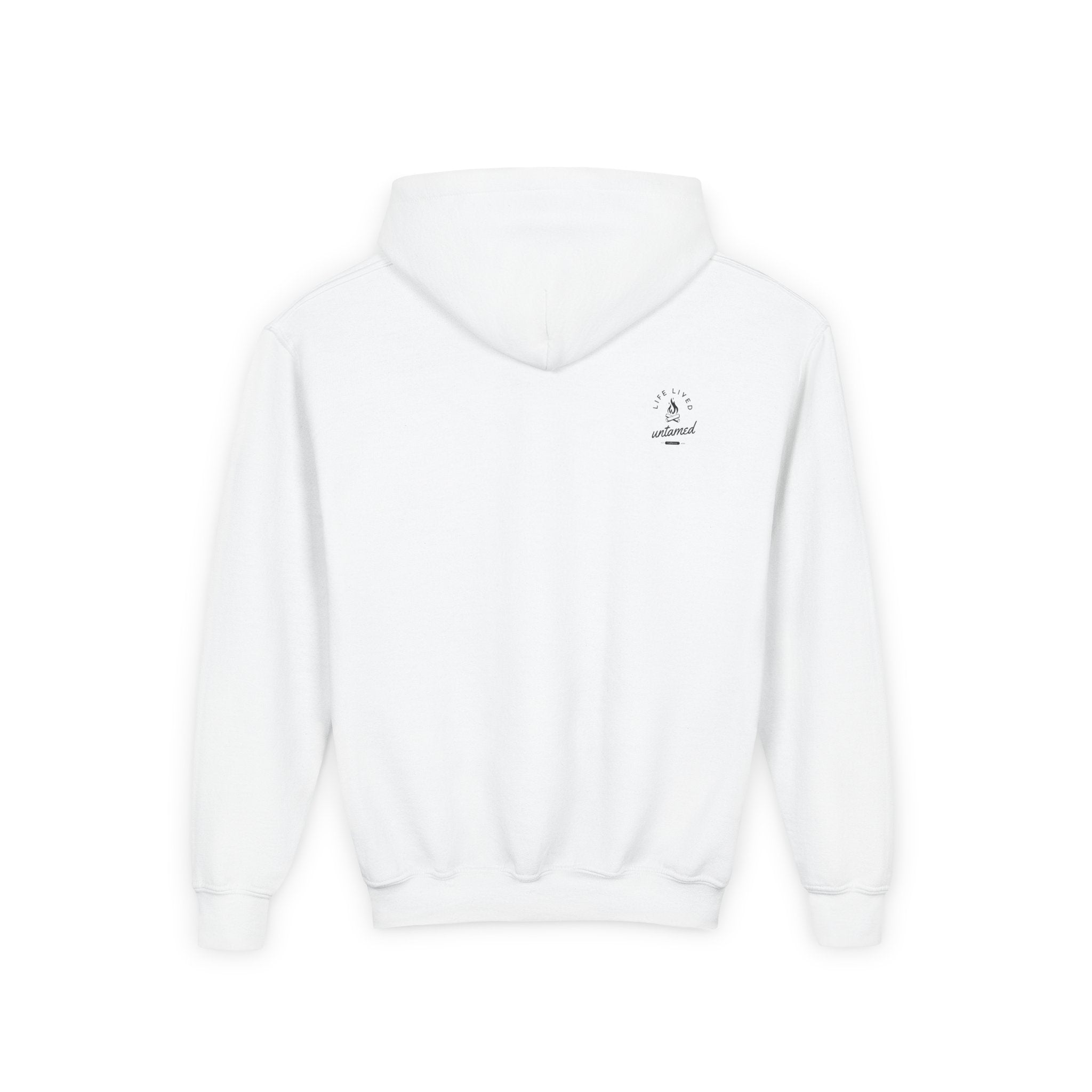 White hoodie with a small 'Life Lived Untamed' logo on the chest against a white background