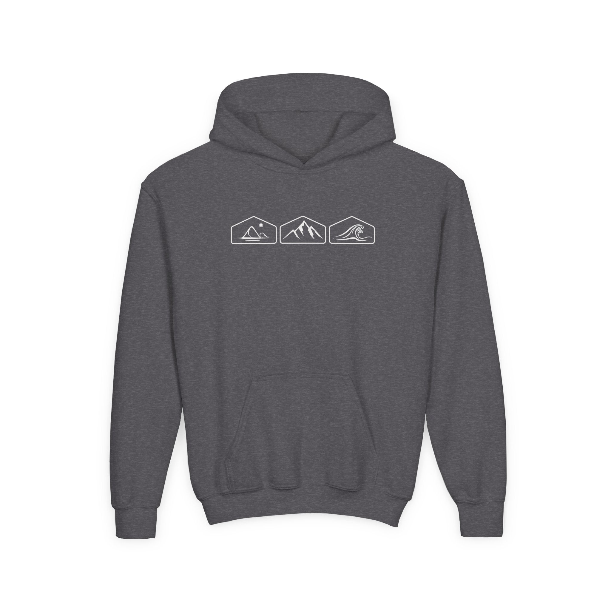 Dark Heather Gray hoodie with mountain, desert and wave designs on a white background