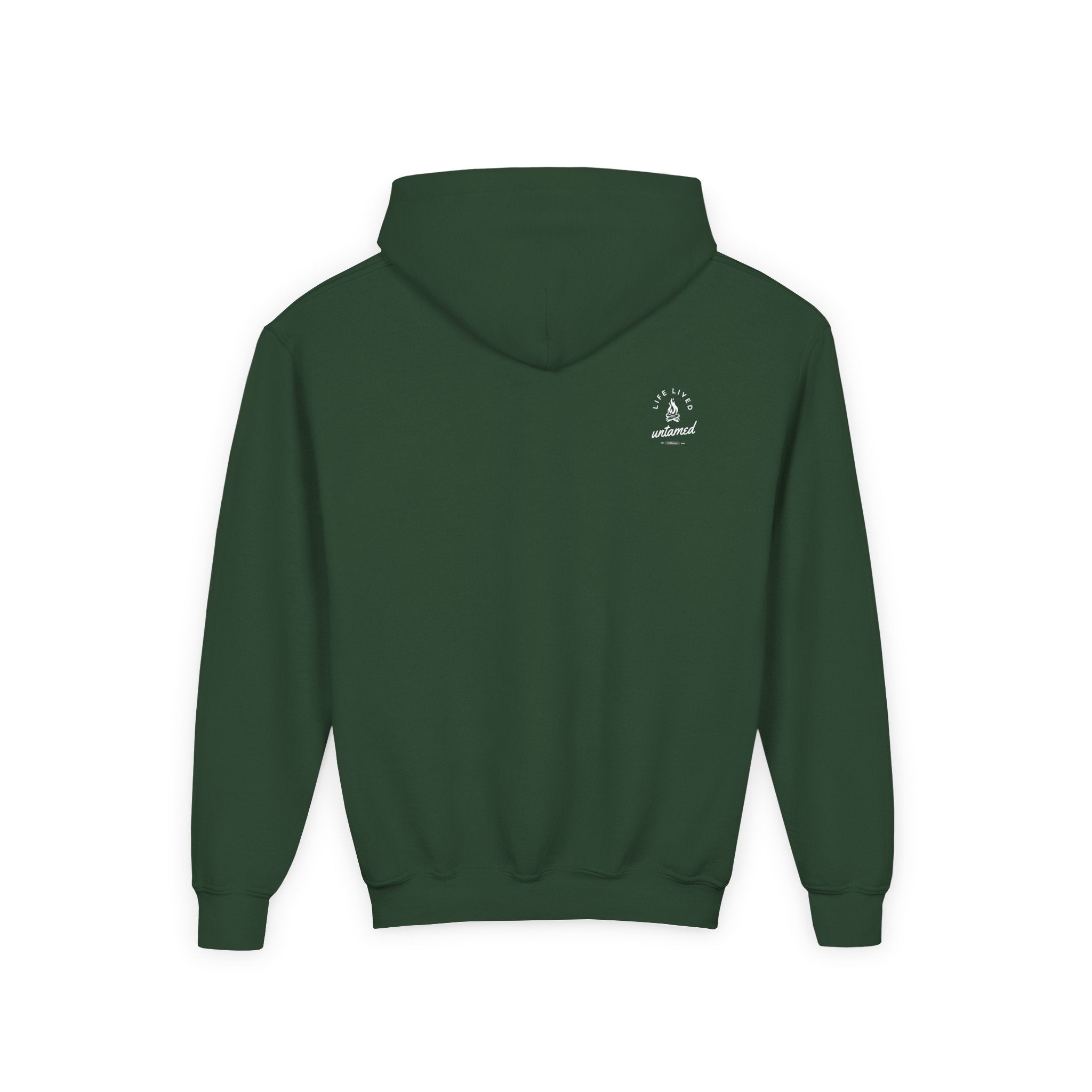 Forest Green hoodie with a logo on the back against a white background