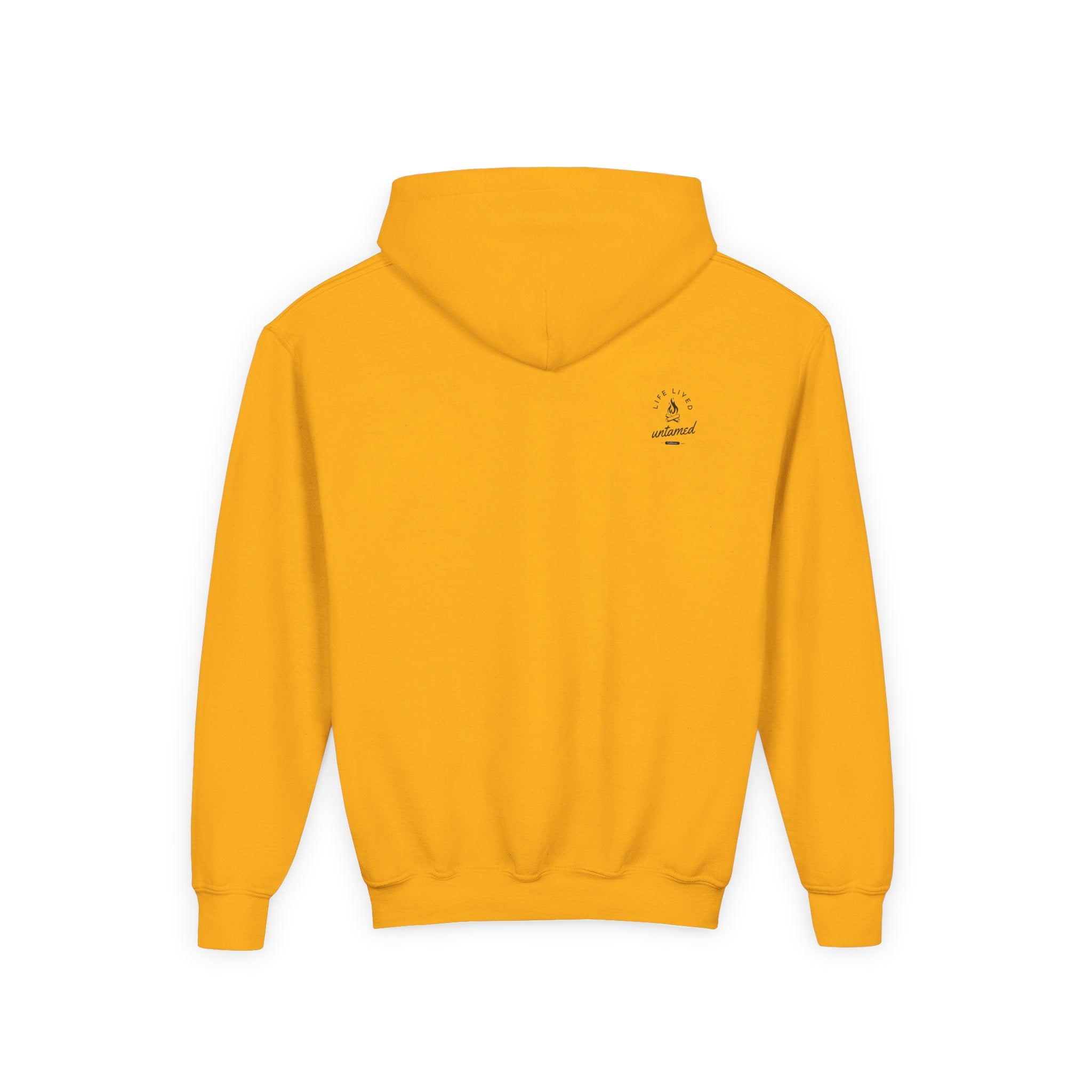 Gold Yellow hoodie with a small 'Life Lived Untamed' logo on the back against a white background