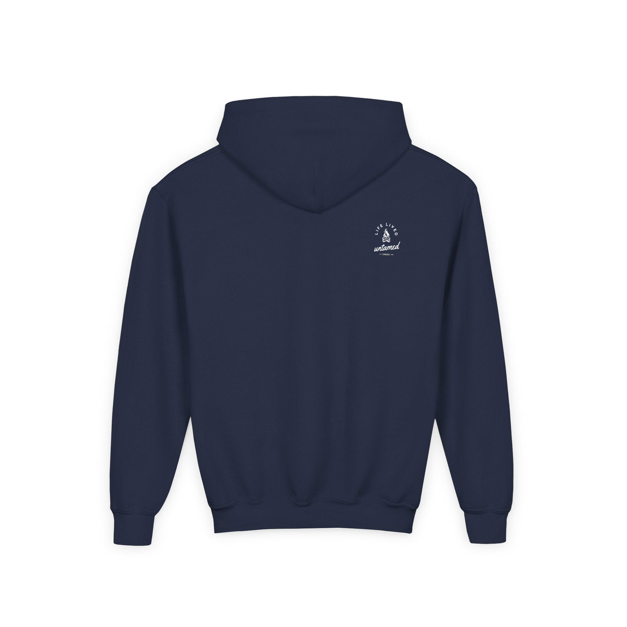 Navy blue hoodie with a small 'Life Lived Untamed' logo on the back against a white background