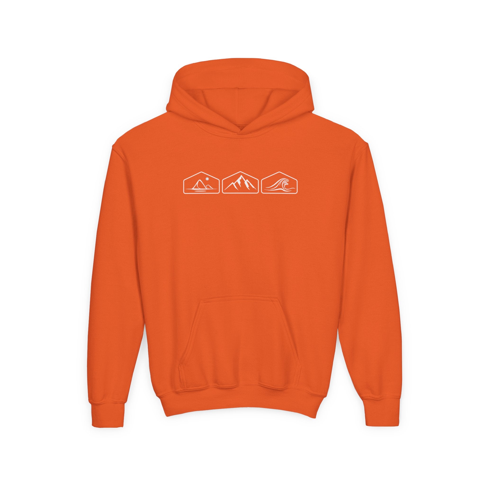 Orange hoodie with mountain, desert and wave designs on a white background