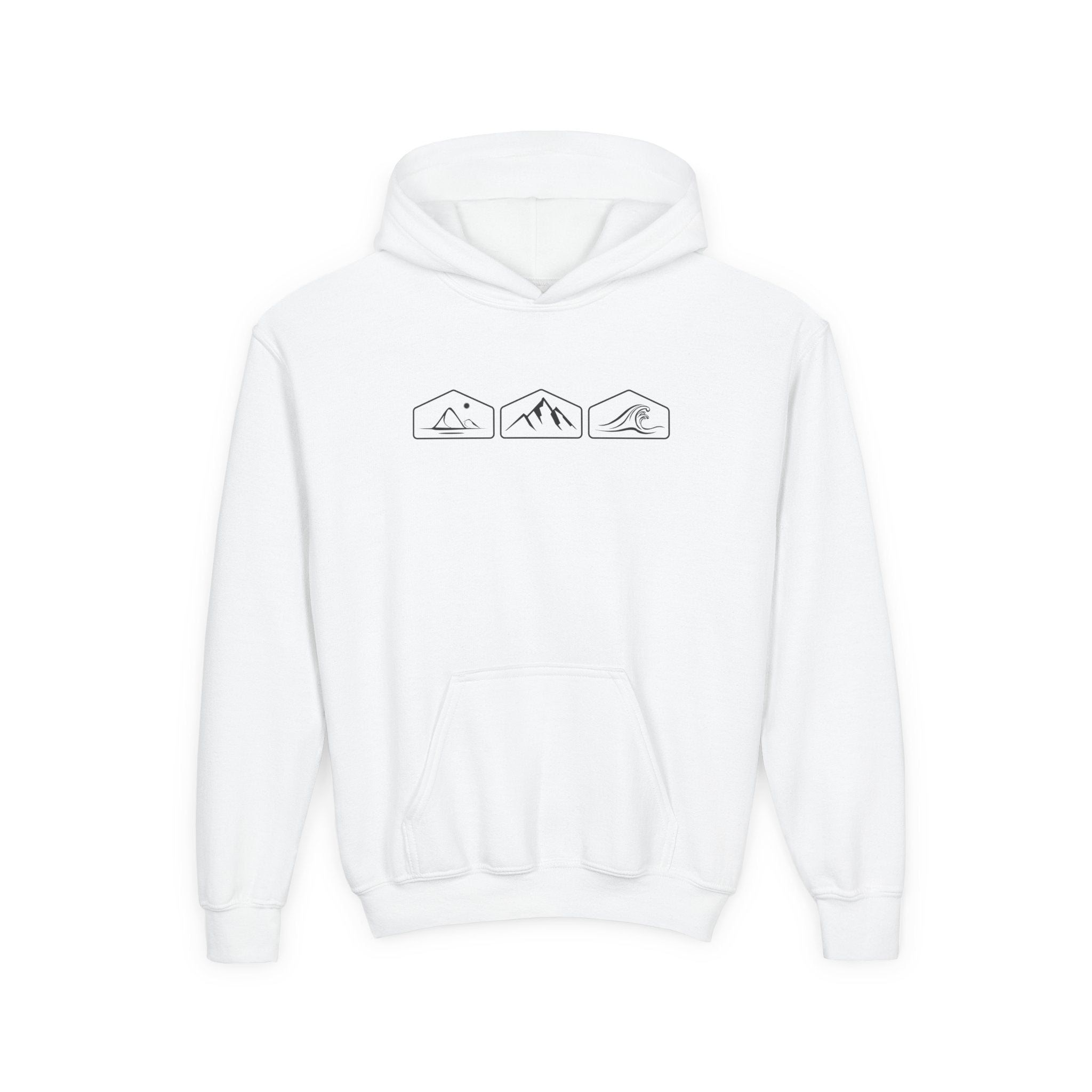 White hoodie with mountain, desert and wave designs on a white background