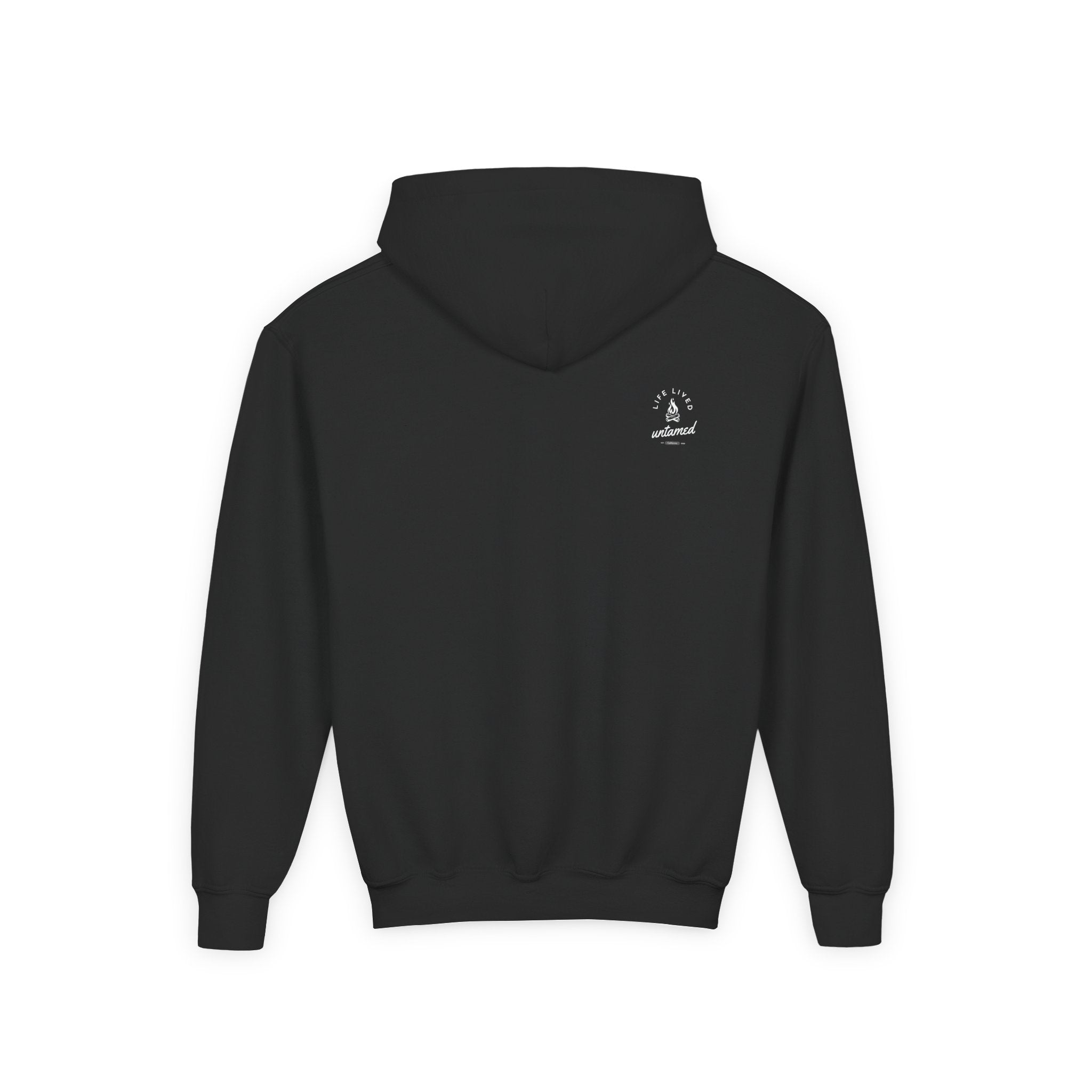 Black hoodie with a small 'Life Lived Untamed' logo on the back against a white background