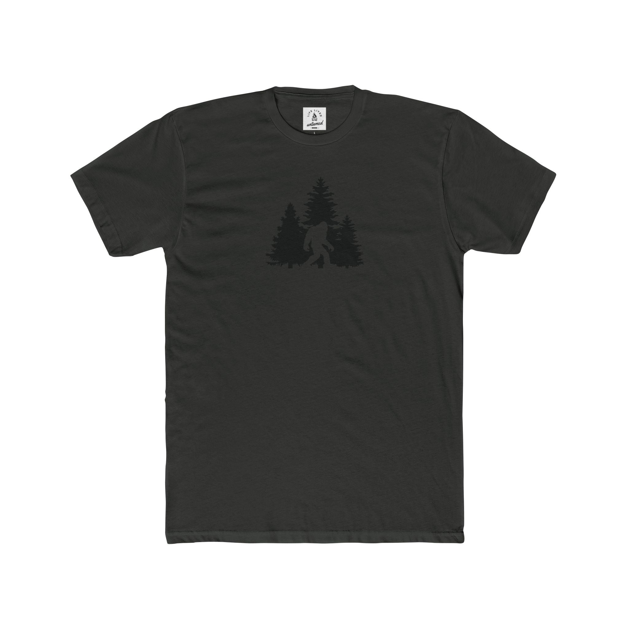 Heavy metal t-shirt with a graphic design of a bigfoot and trees on a white background