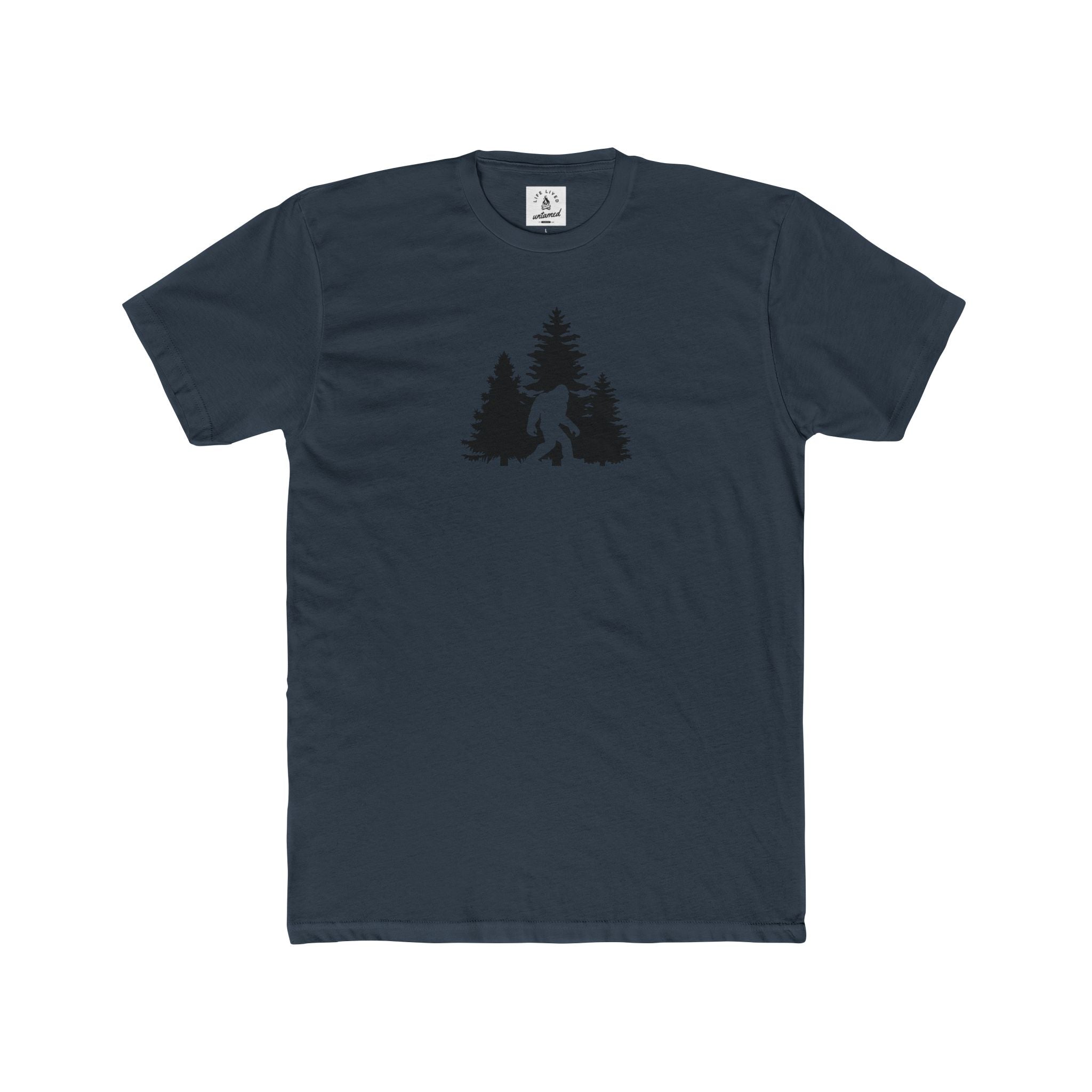 Navy blue t-shirt with a black trees and a bigfoot on a white background