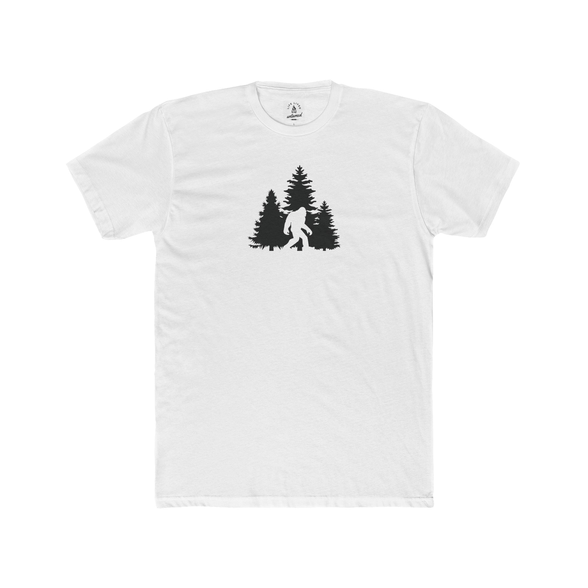 White t-shirt with black graphic of a tree and a silhouette of bigfoot on a white background