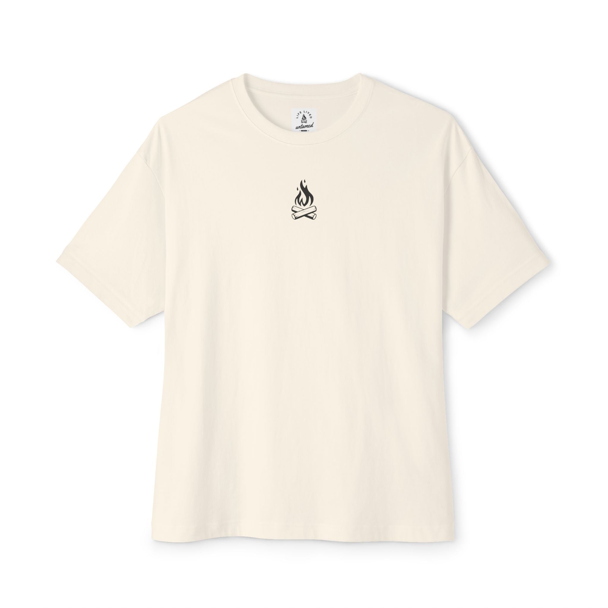 Bone t-shirt with a black campfire on a white background