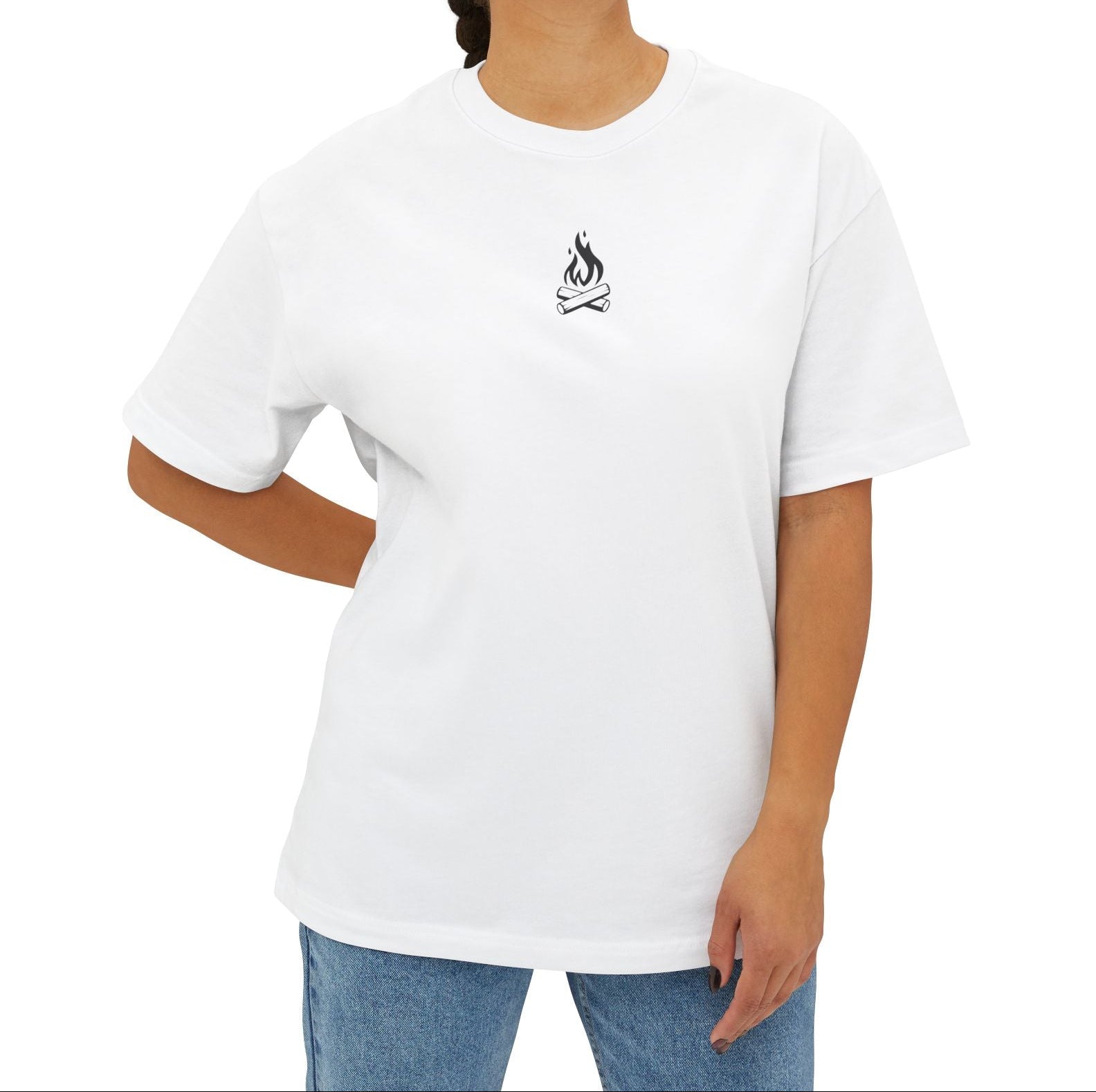 White t-shirt with a small black campfire worn by a person on a white background