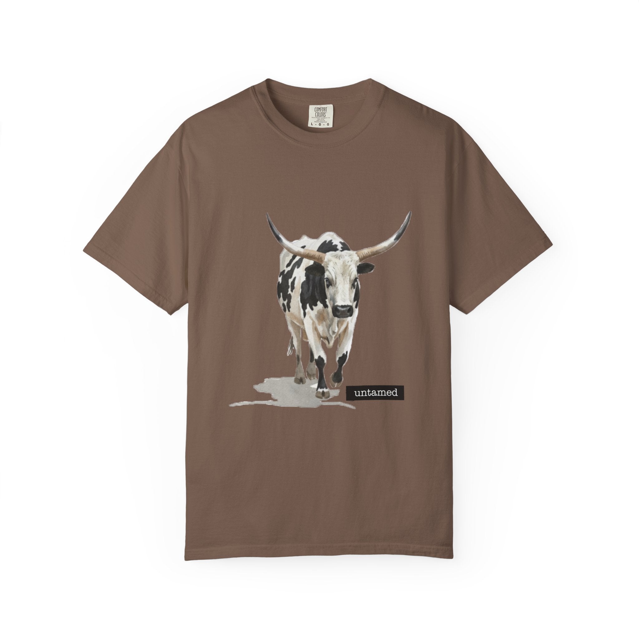 Brown t-shirt with a graphic of a longhorn cow and 'untamed' text on a white background
