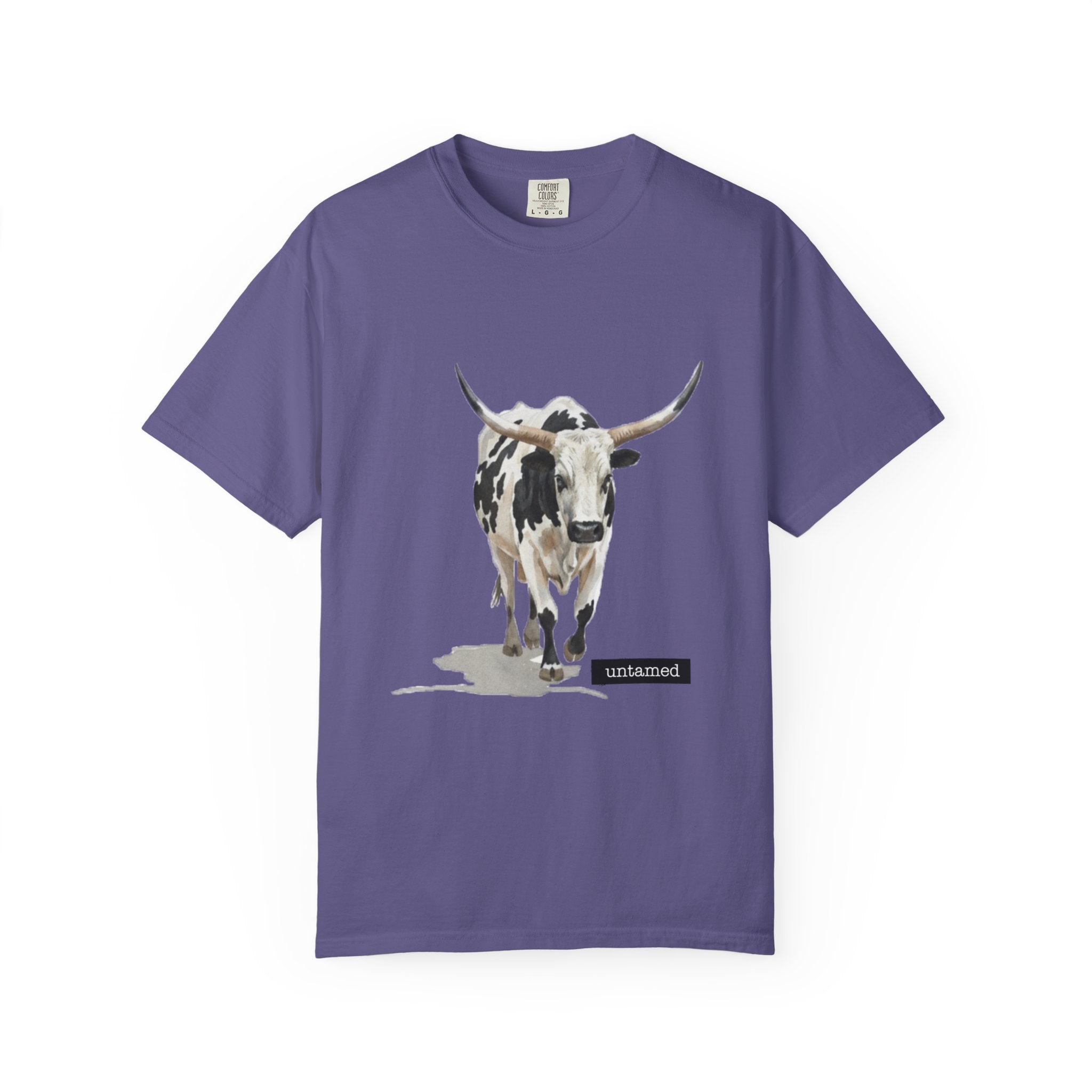 Bull grape t-shirt with a graphic of a longhorn cow and the word 'untamed' on a white background
