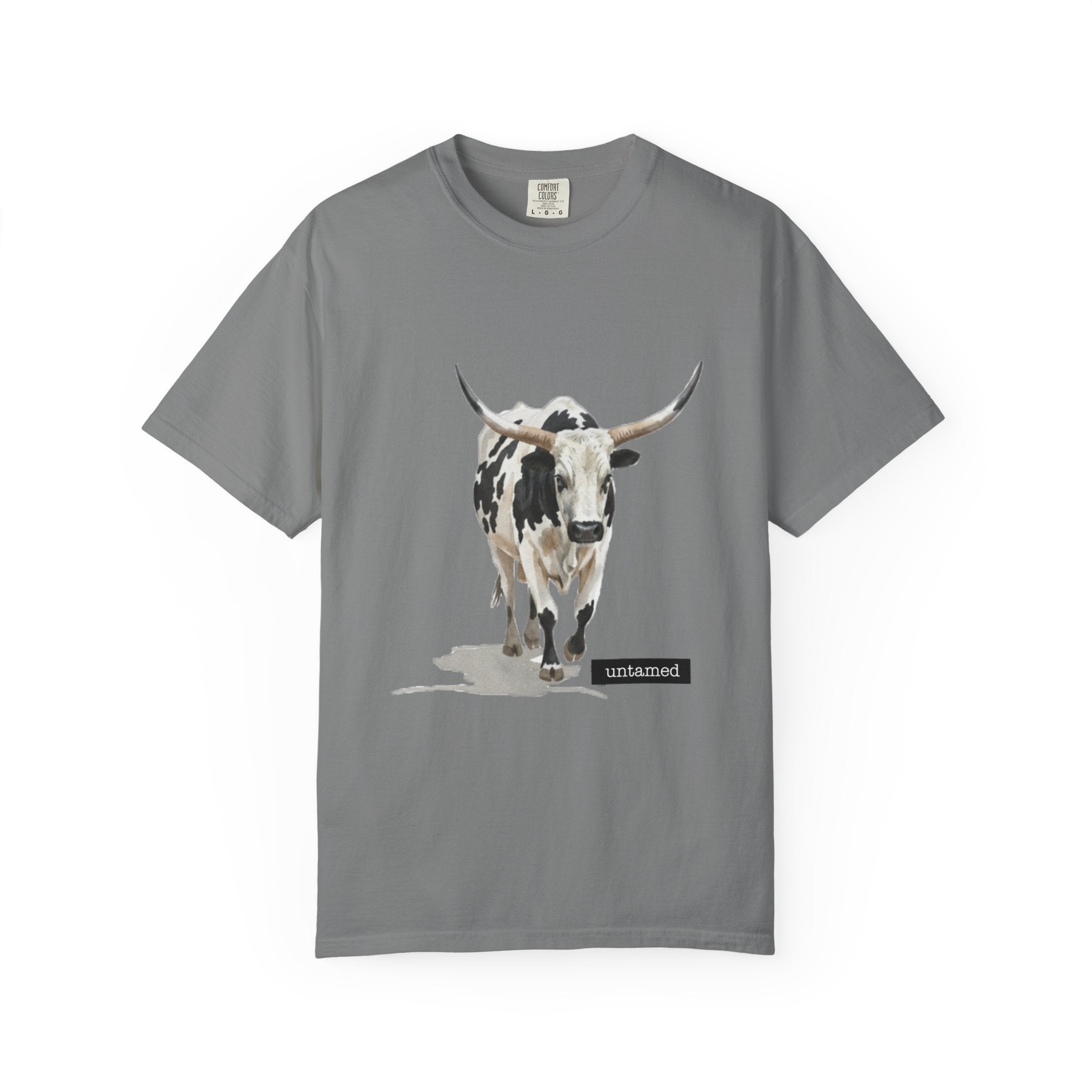 Gray t-shirt with a bull graphic and 'untamed' text on a white background