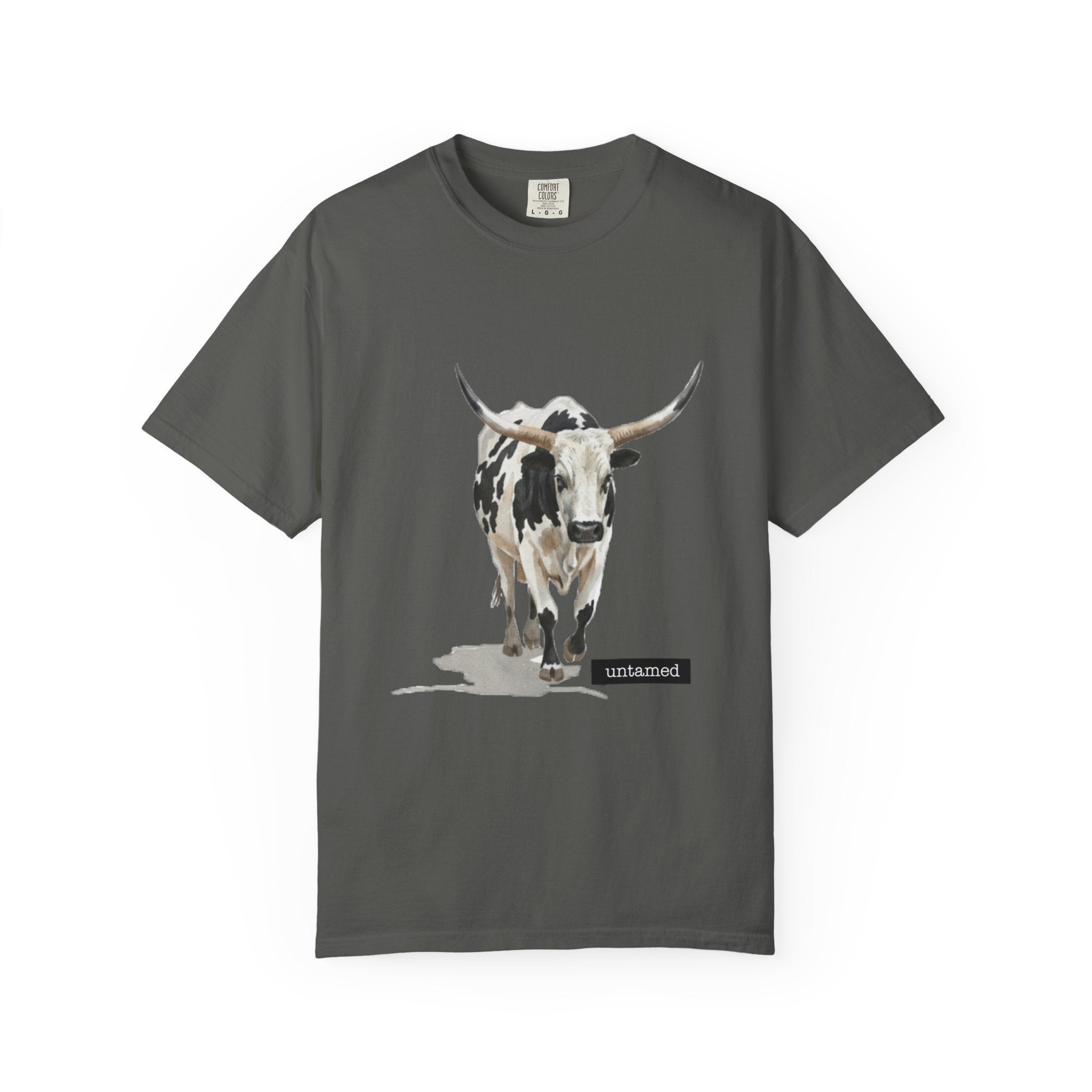 Pepper gray t-shirt with a graphic of a longhorn cow and the word 'untamed' on a white background