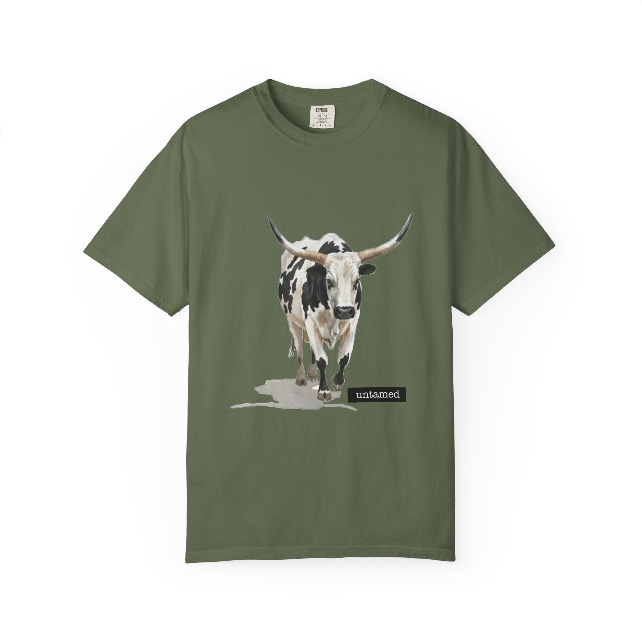 Green t-shirt with a bull graphic and 'untamed' text on a white background