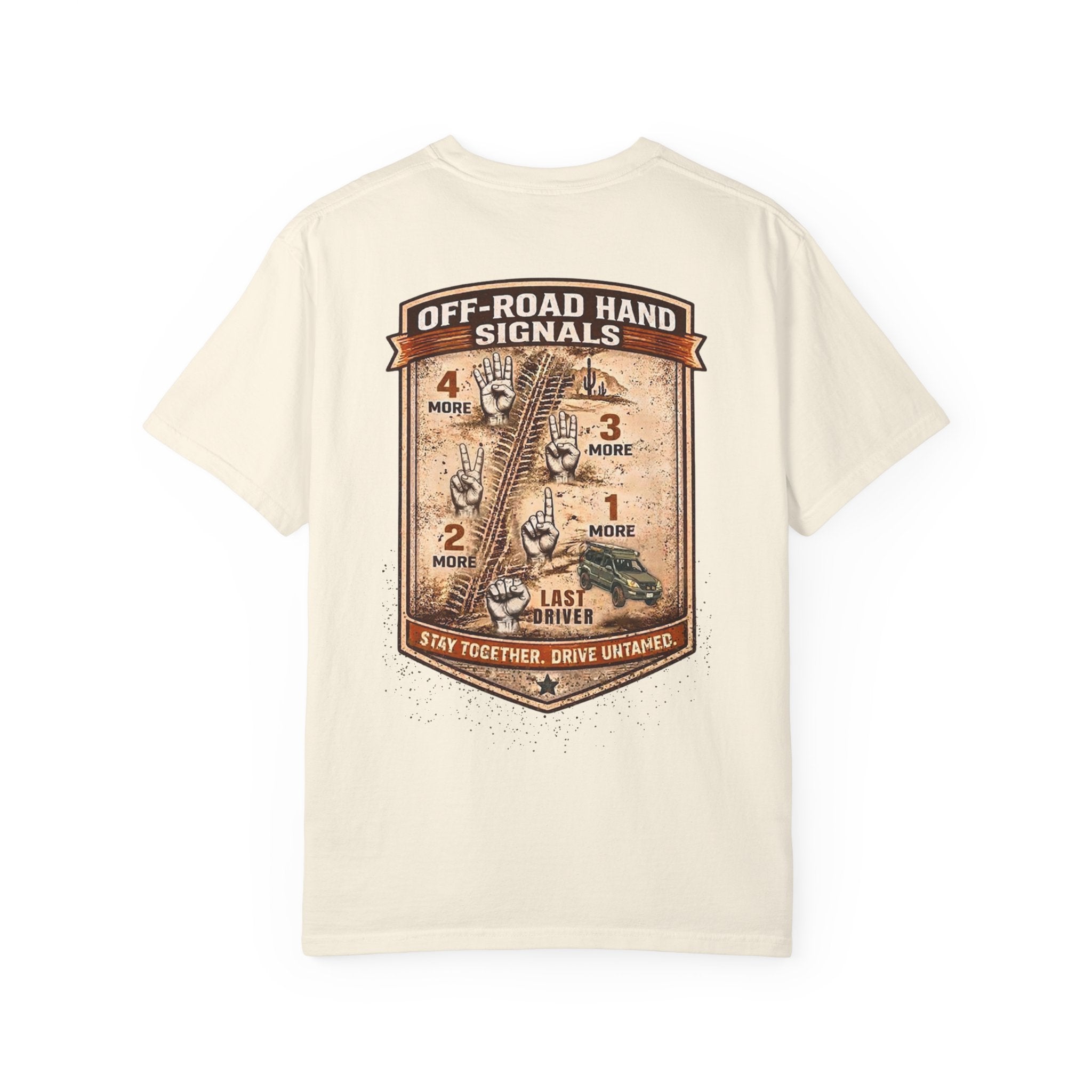 off road hand signal on the back of ivory shirt