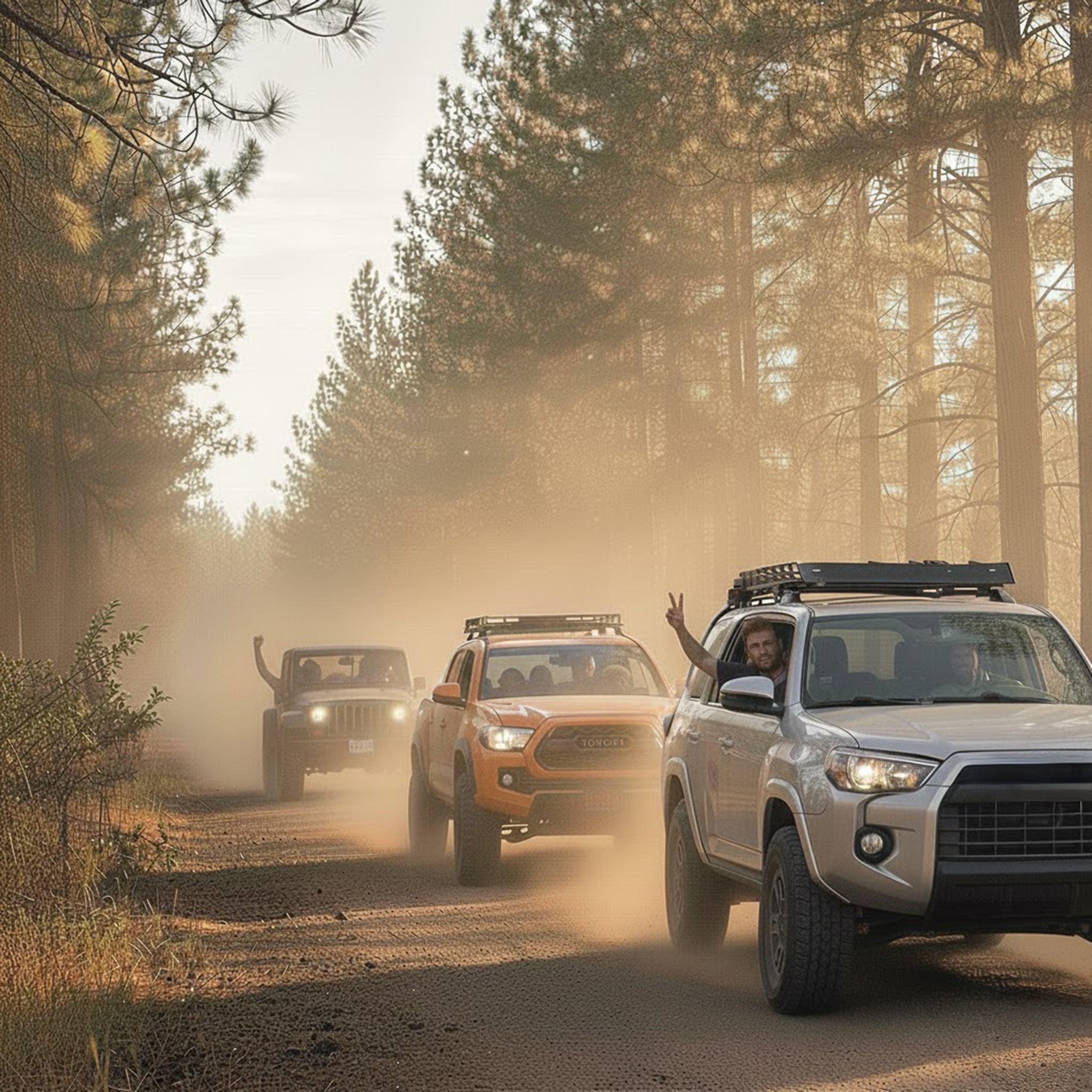 Three off-road vehicles driving on a dusty forest road.