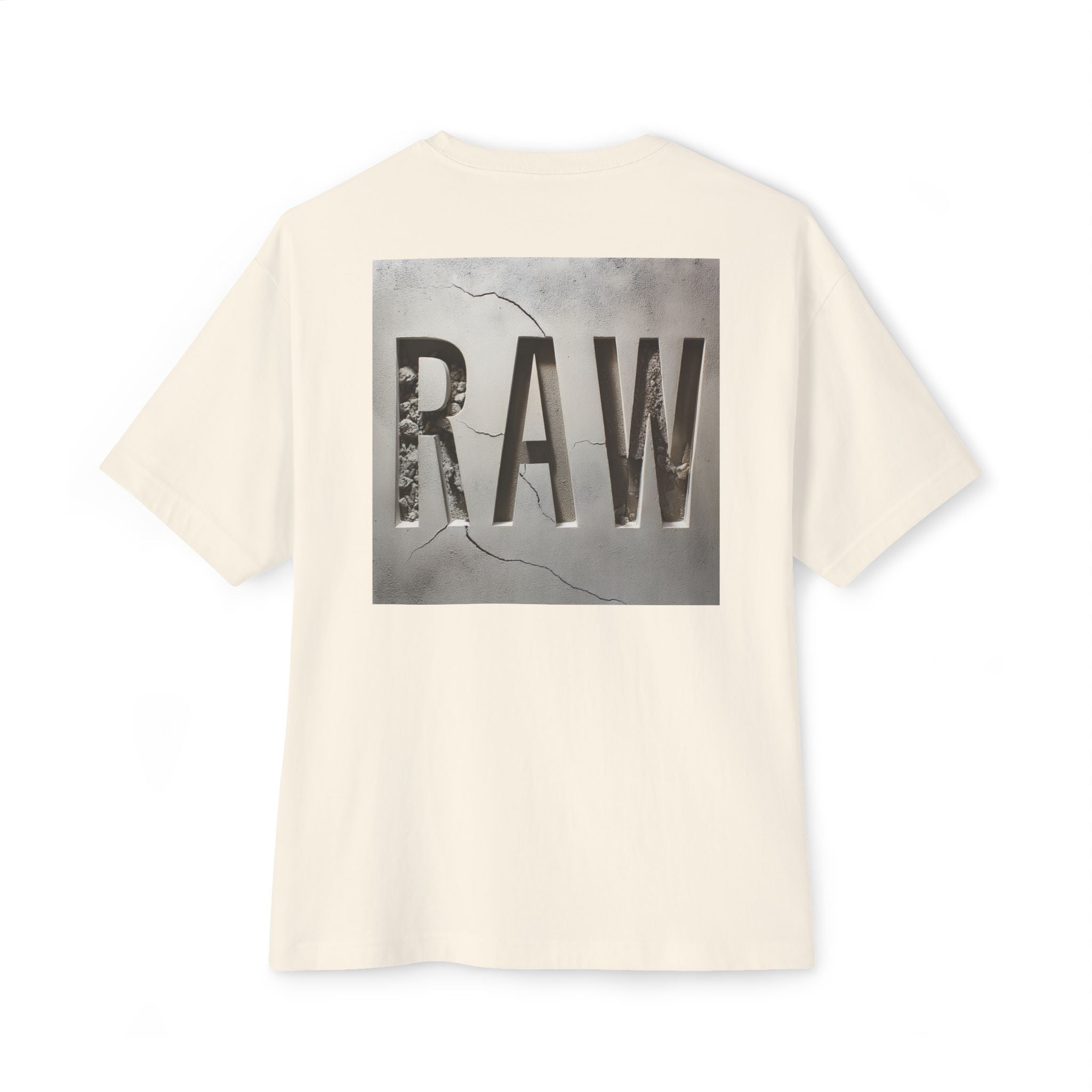 Beige t-shirt with 'RAW' graphic on a white background