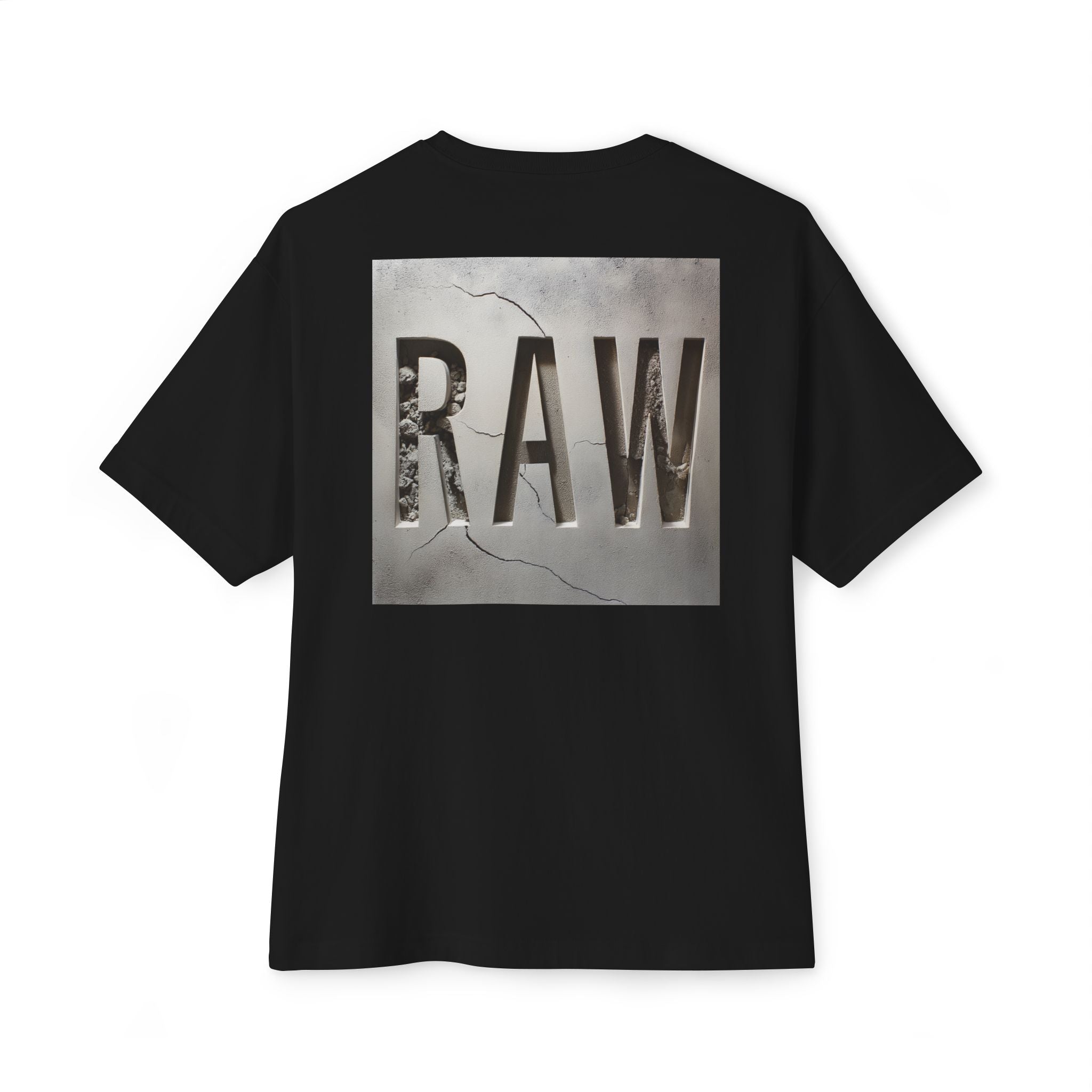 Black t-shirt with 'RAW' graphic on a white background
