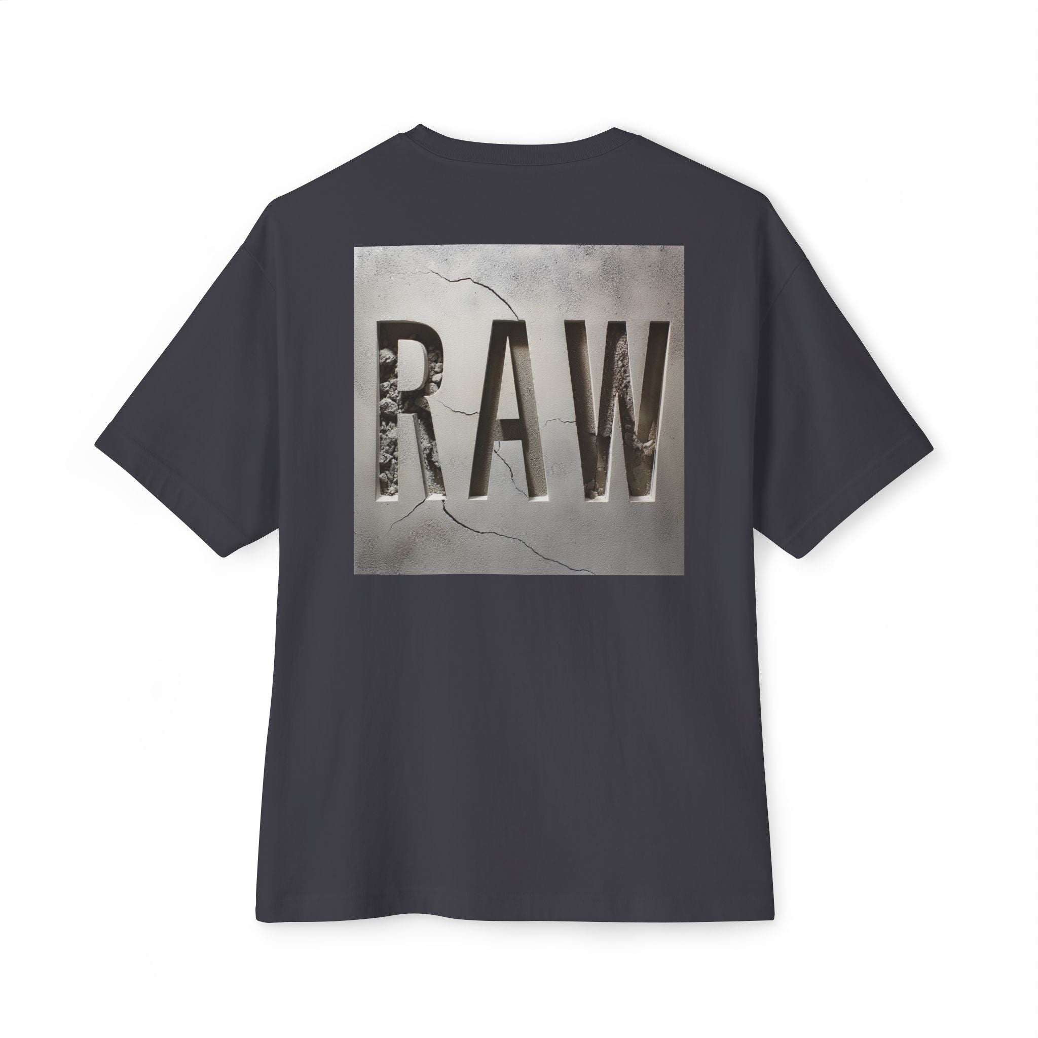 Dark Grey k t-shirt with 'RAW' graphic on the back against a white background