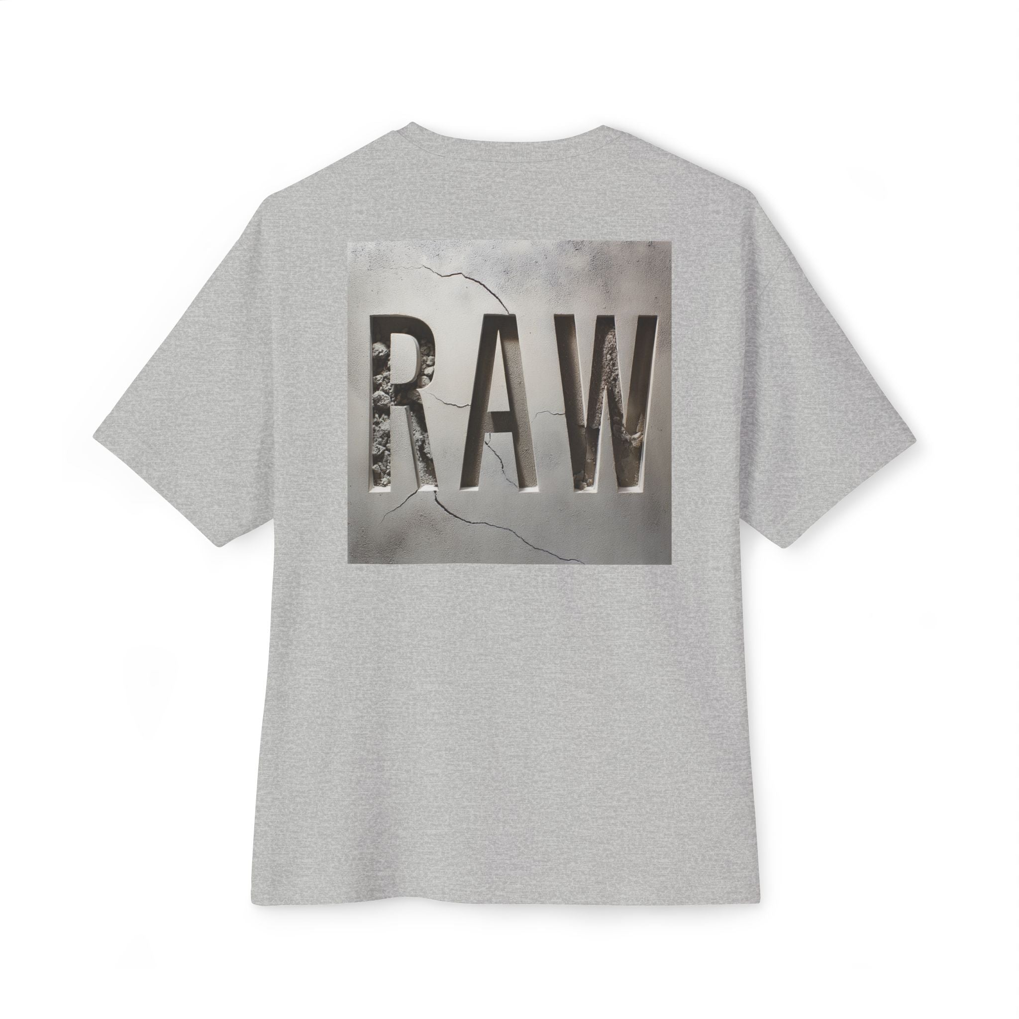 Heather Gray t-shirt with 'RAW' graphic on the back against a white background
