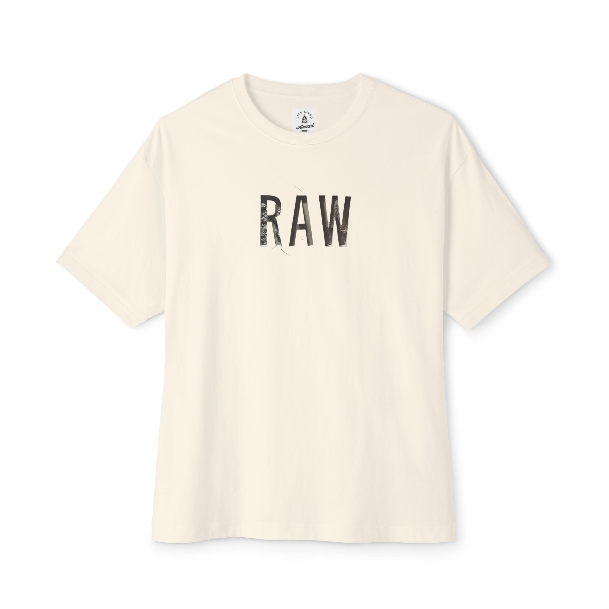 Beige t-shirt with 'RAW' text on a white background