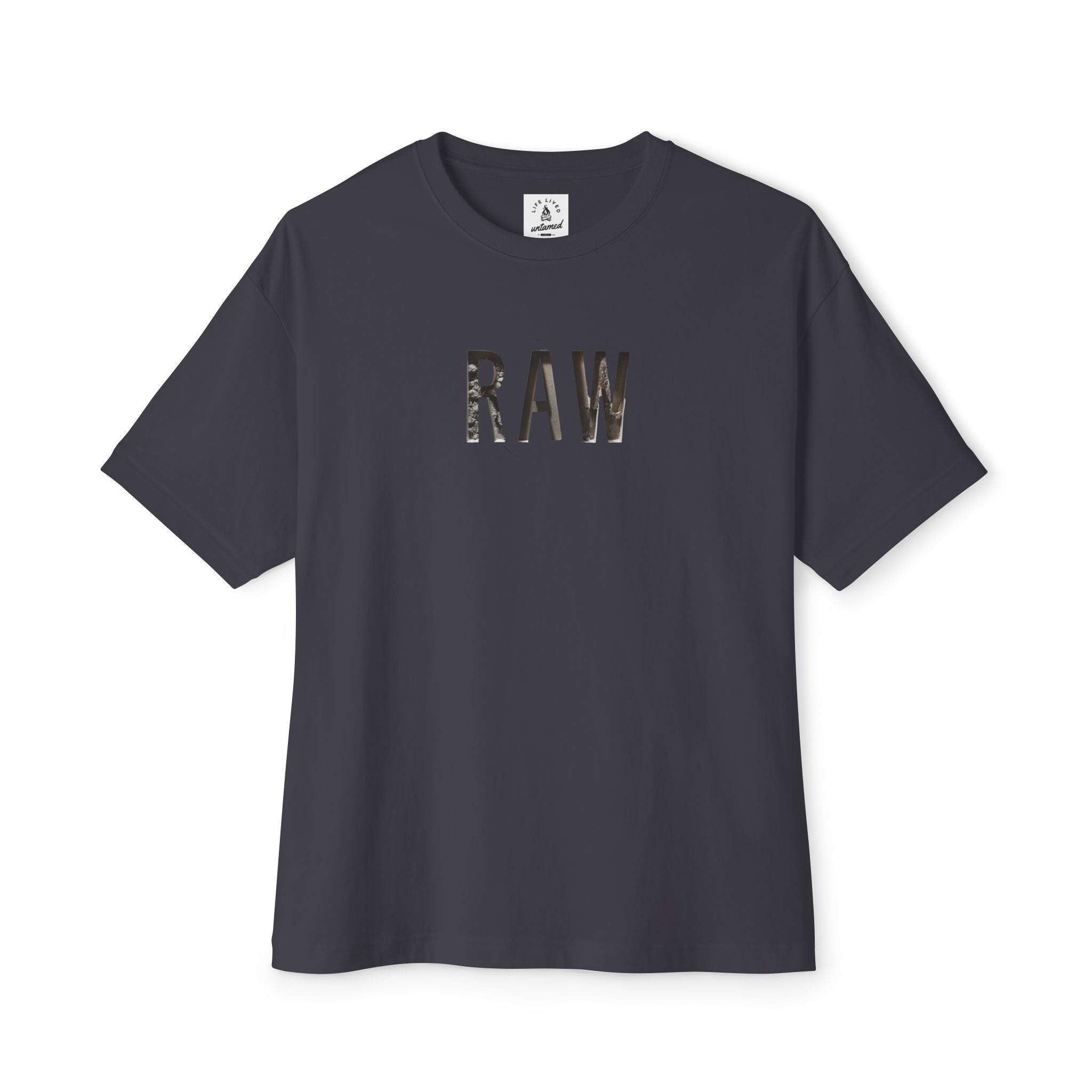 Dark Grey t-shirt with 'RAW' logo on a white background