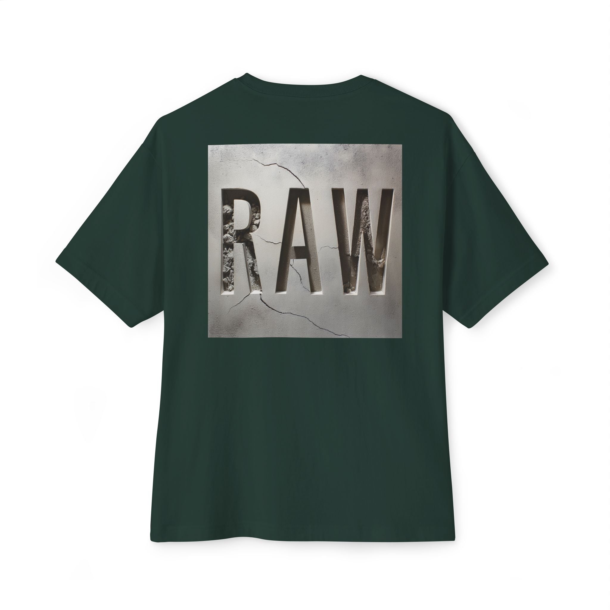 Green t-shirt with 'RAW' graphic on the back against a white background
