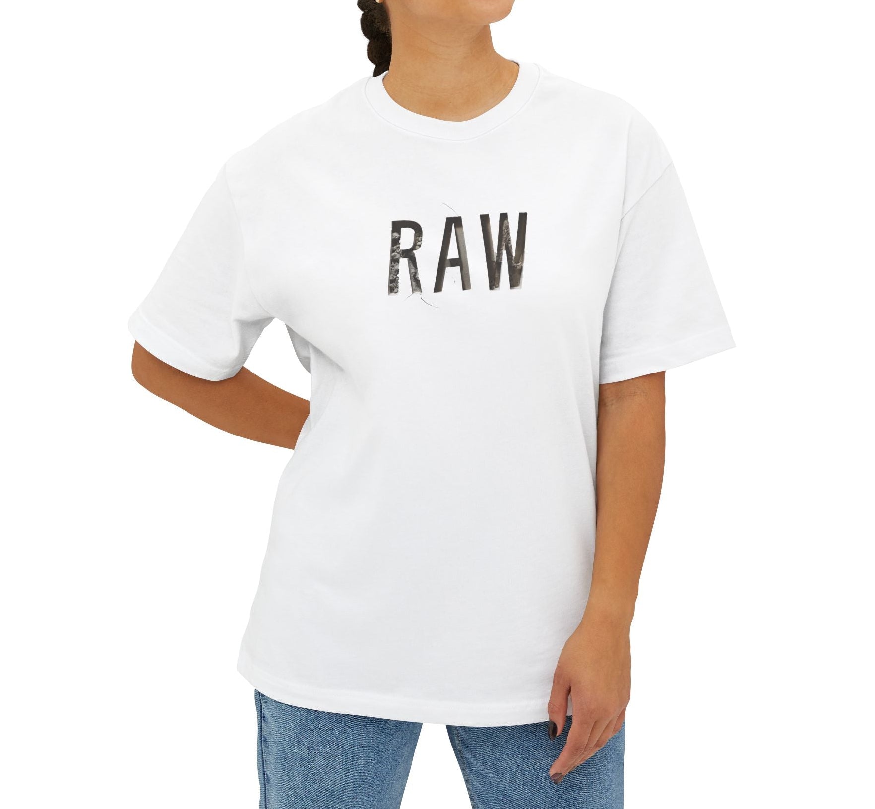 Person wearing a white t-shirt with 'RAW' printed on it against a white background