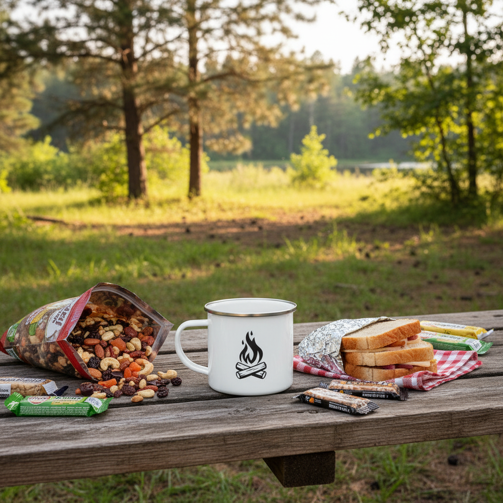 Camping scene with a mug, snacks, and bread on a wooden table outdoors.