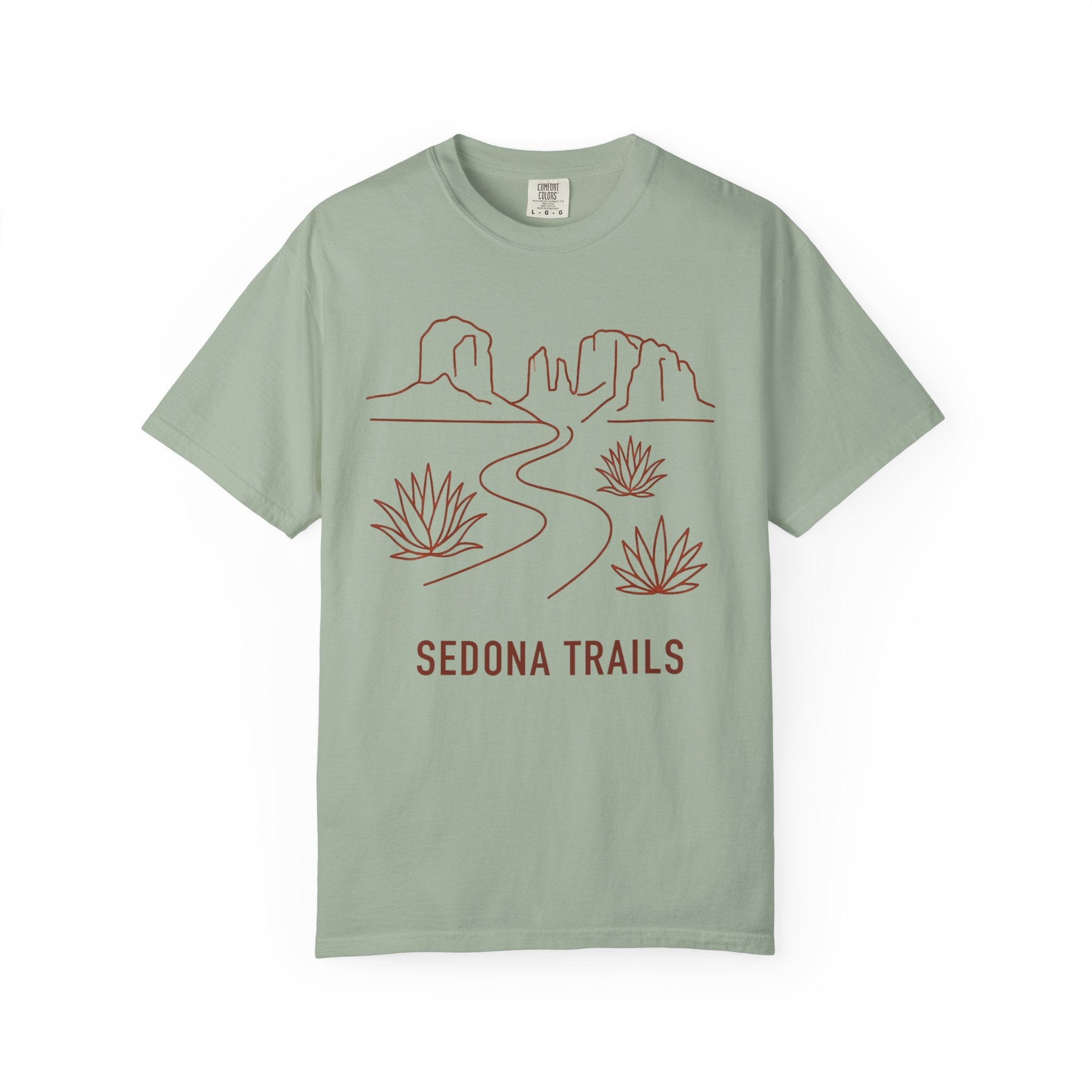 Green t-shirt with 'Sedona Trails' design on a white background