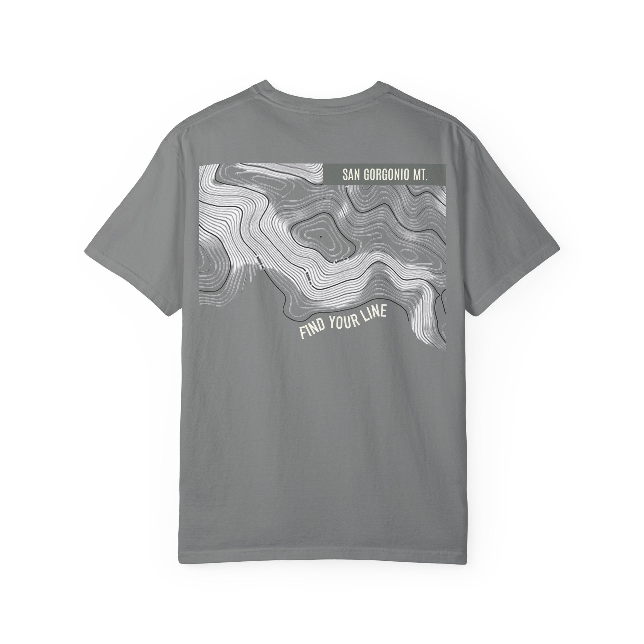 Gray t-shirt with topographic design and text on a white background