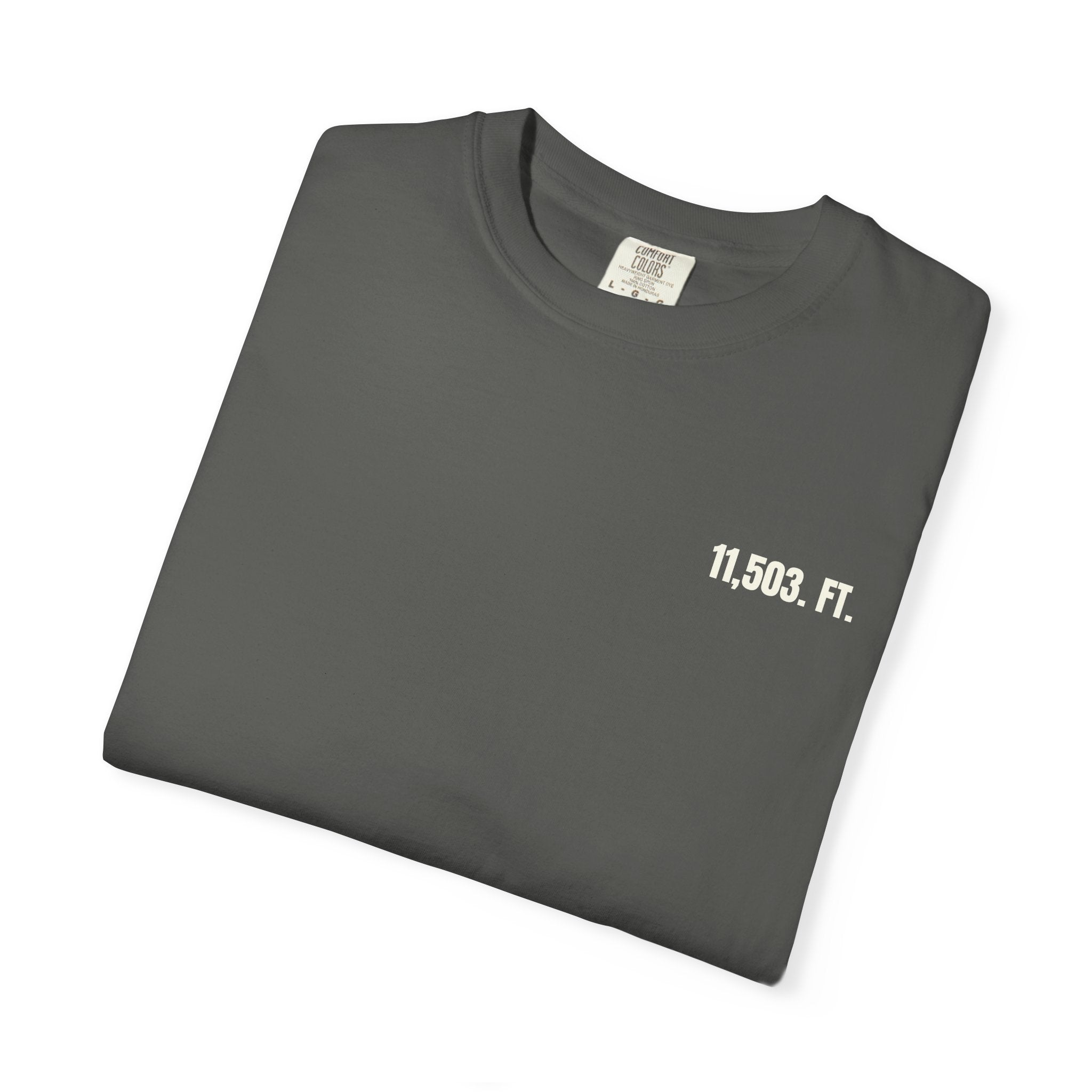 Folded gray t-shirt with '11,503 FT.' text on a white background