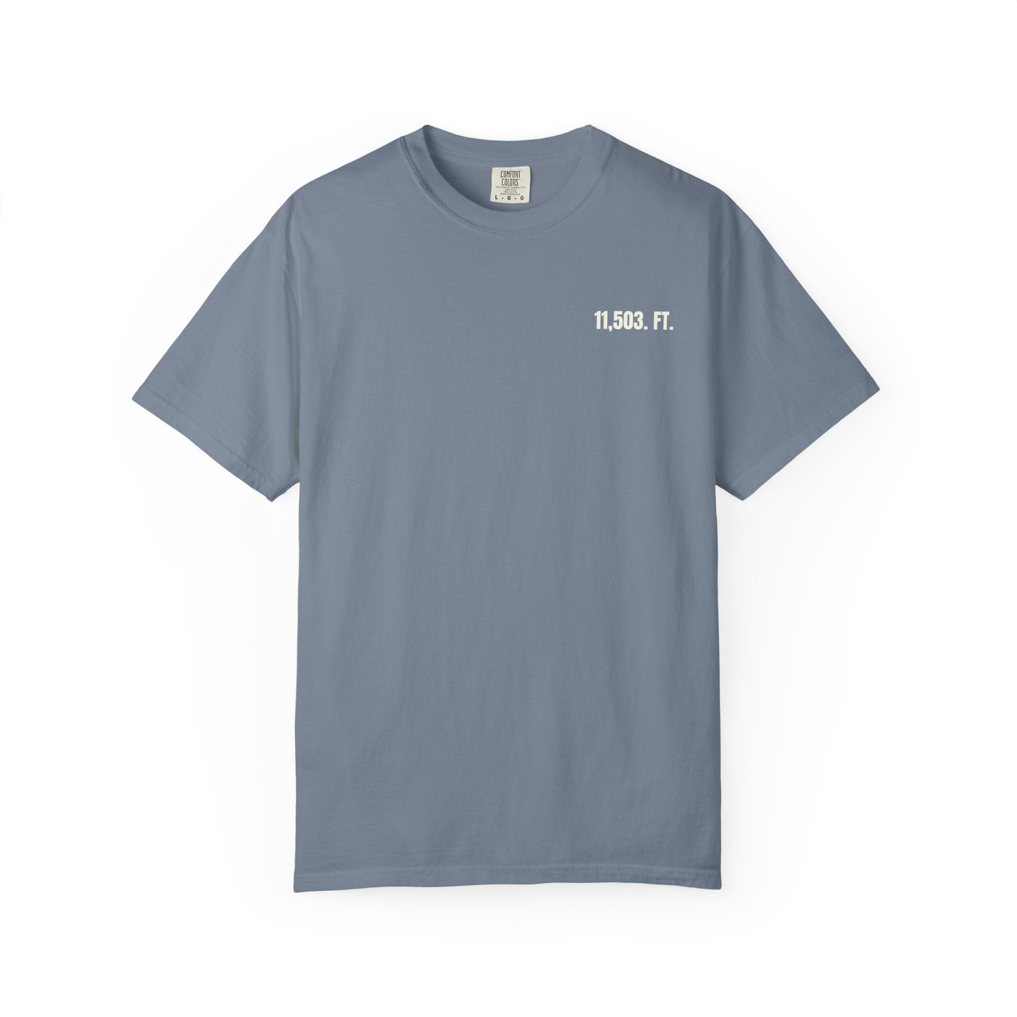 Denim blue t-shirt with '11,503 FT.' text on a white background