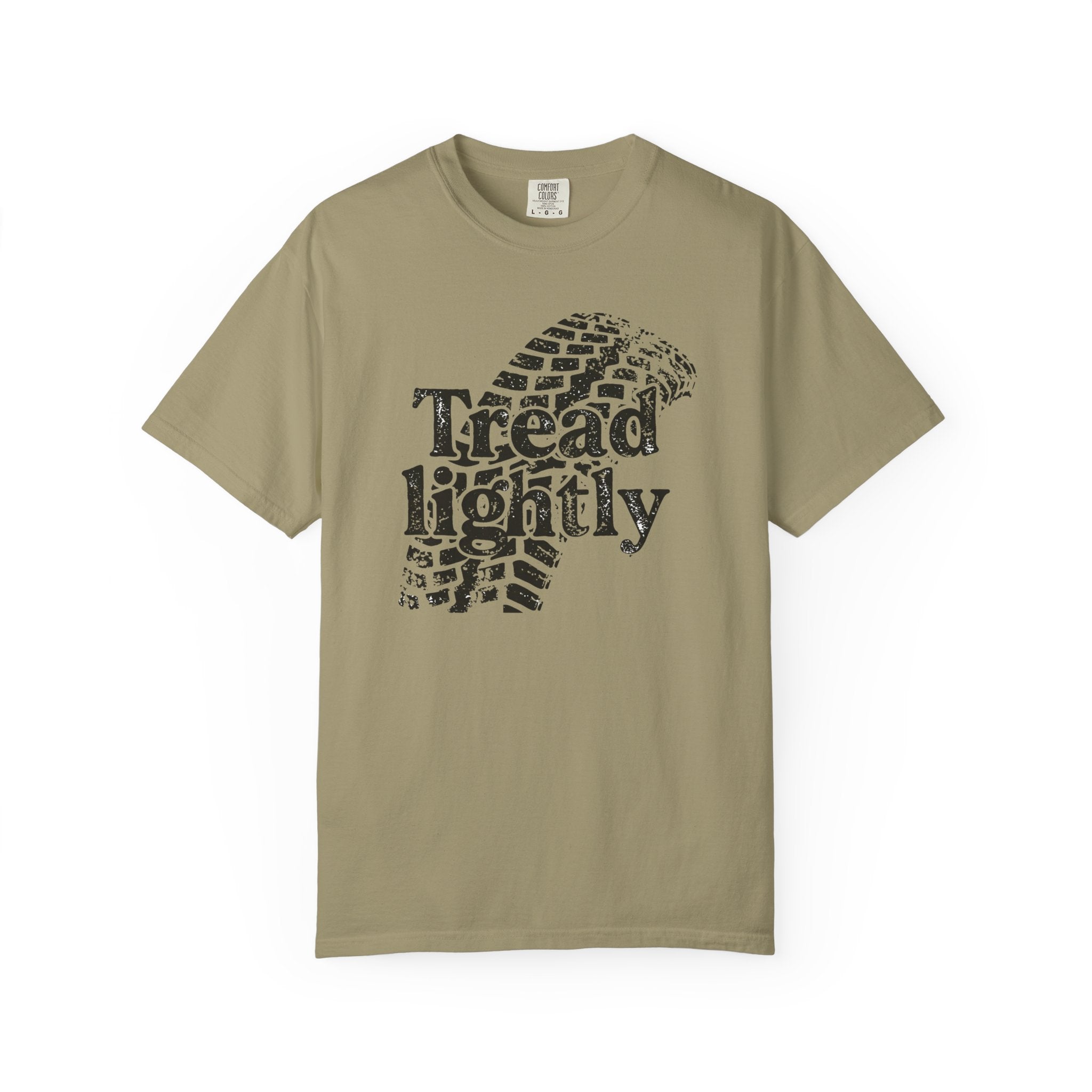 Khaki t-shirt with 'Tread Lightly' graphic design on
