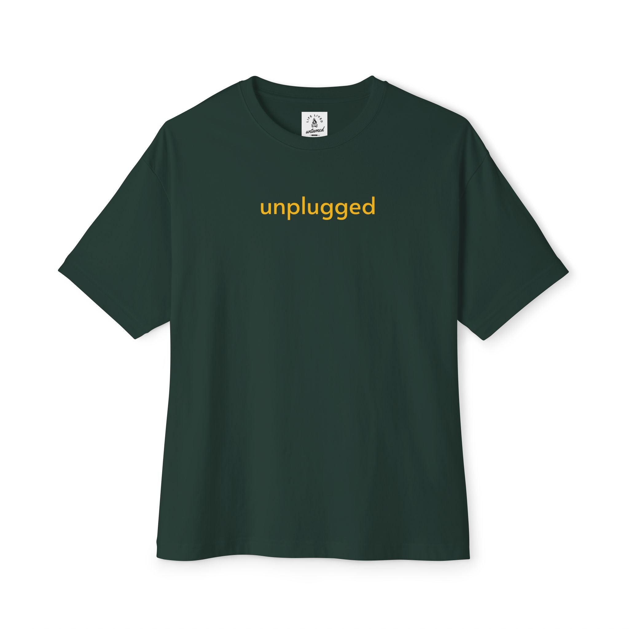 Unisex forest green Unplug Yourself Boxy Tee made from soft Airlume cotton, perfect for outdoor adventure.