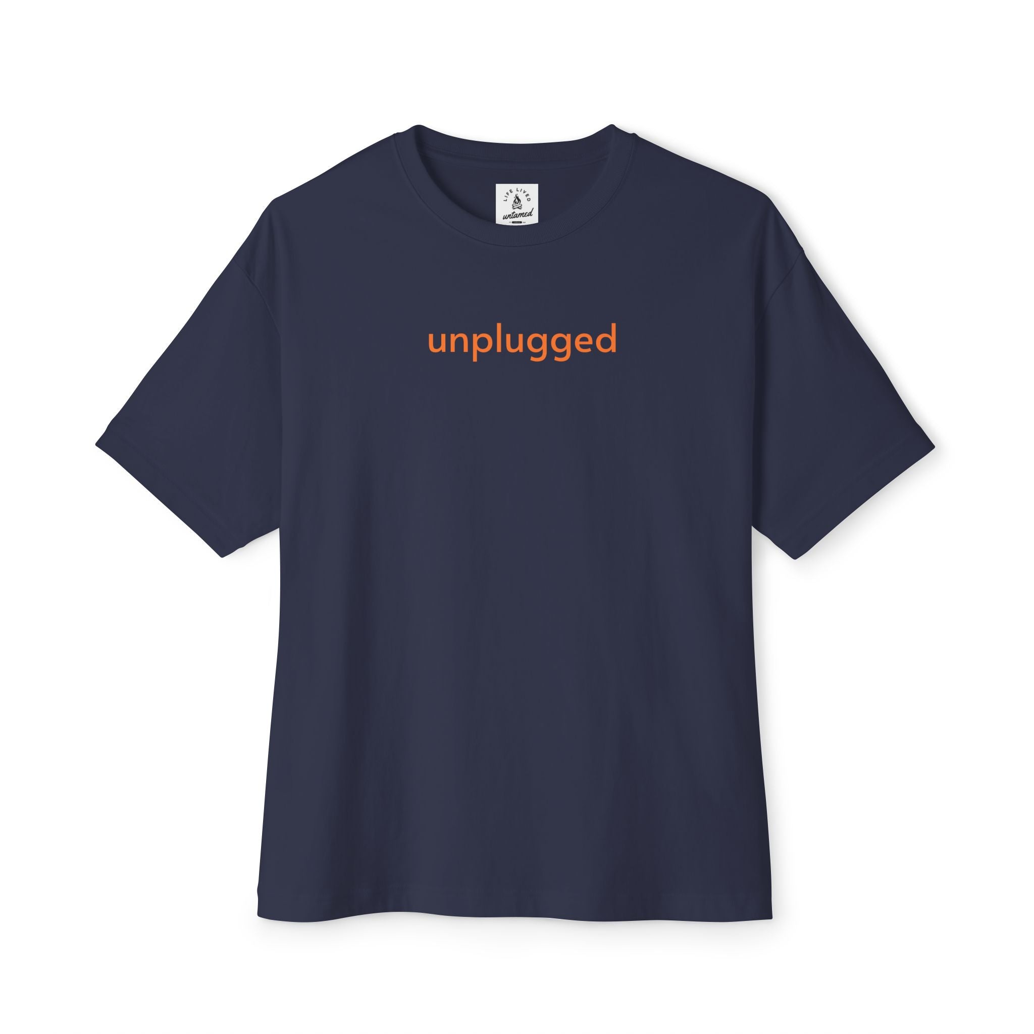 Unisex navy blue Unplug Yourself Boxy Fit T-Shirt with orange text, ideal for camping and relaxed wear.