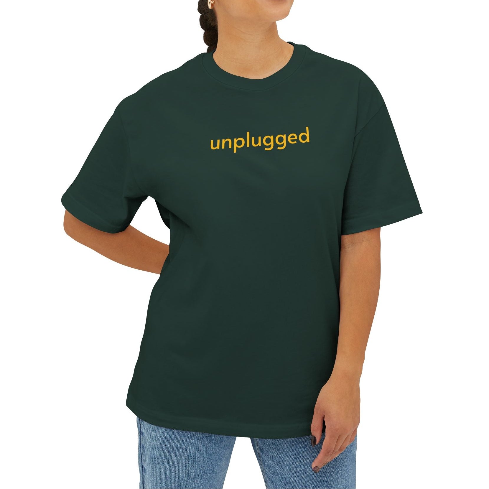 A women Unisex forest green Unplug Yourself Boxy Tee made from soft Airlume cotton, perfect for outdoor adventure.