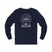 Navy blue long-sleeve shirt with 'Life Lived Untamed' graphic on a white background