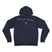 Navy blue hoodie with a white logo on a white background