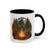 Mug with a design of a campfire, trees, and a moonlit sky on a white background