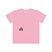 Pink t-shirt with a small black tree design on the chest against a white background